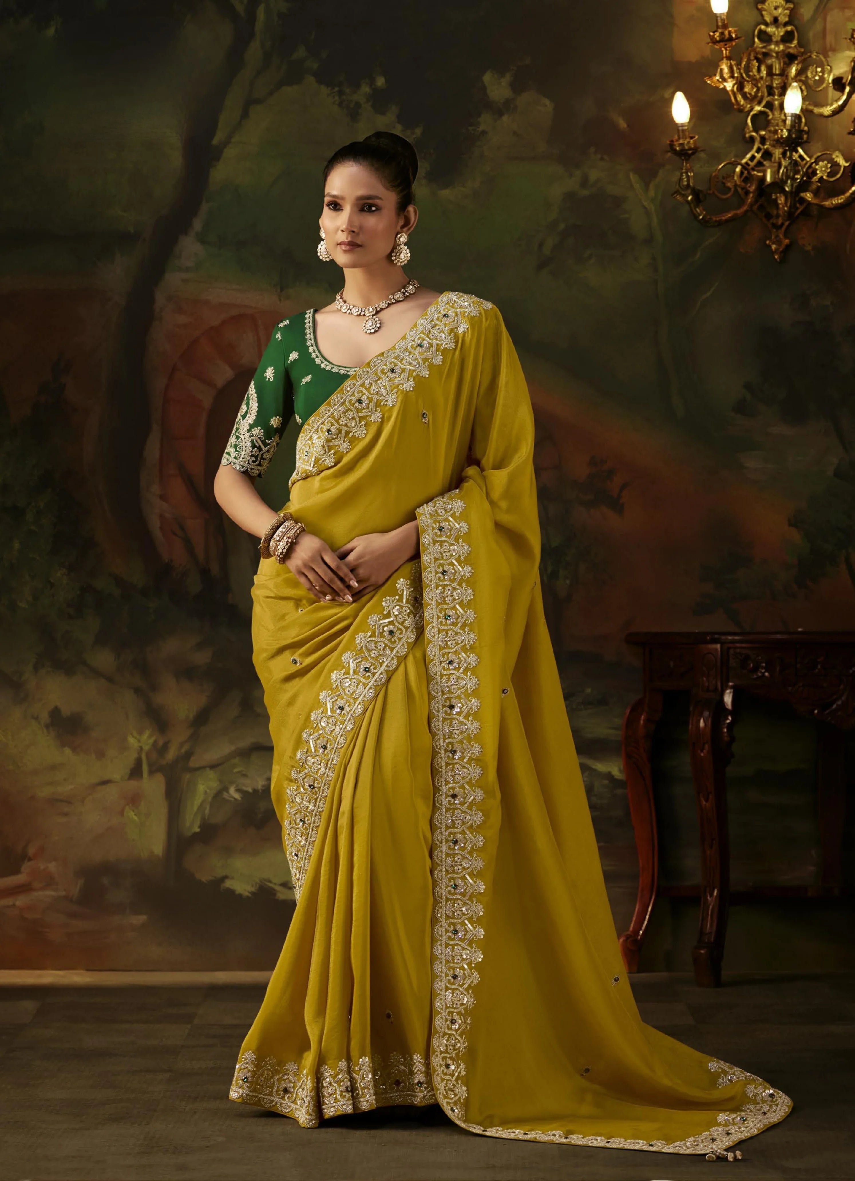 Viscose Tissue Party Wear Yellow With Sequence Work