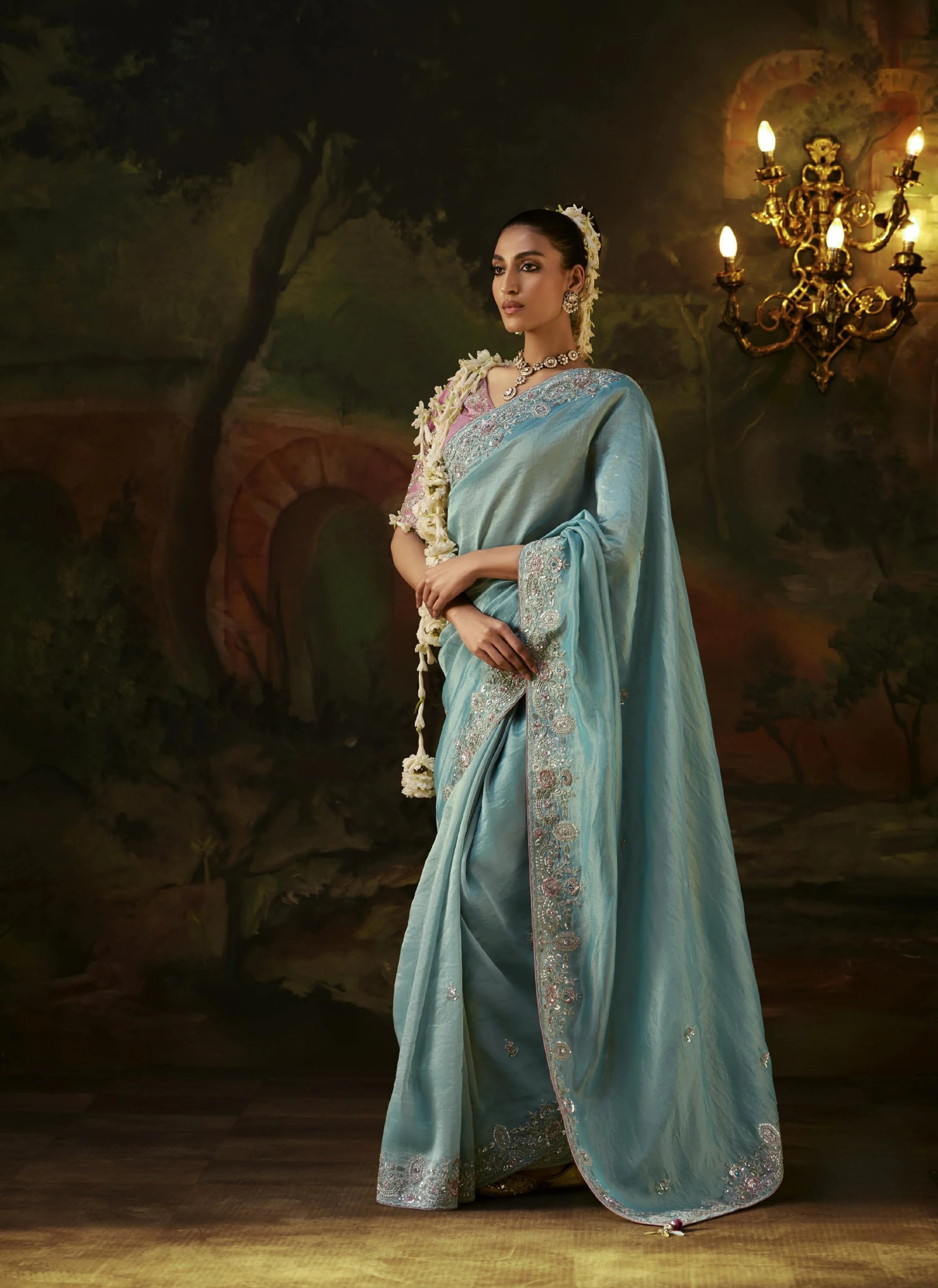 Viscose Tissue Party Wear Blue With Sequence Work