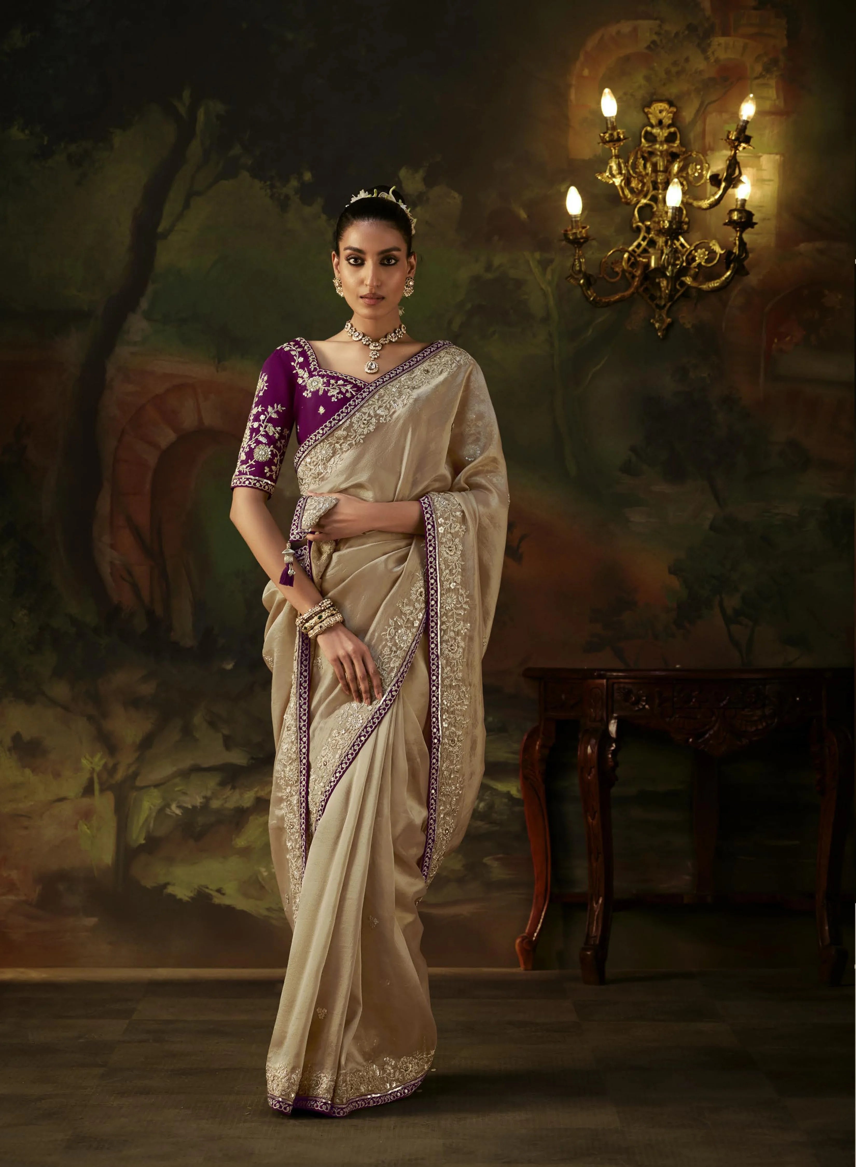 Viscose Tissue Party Wear Beige With Sequence Work