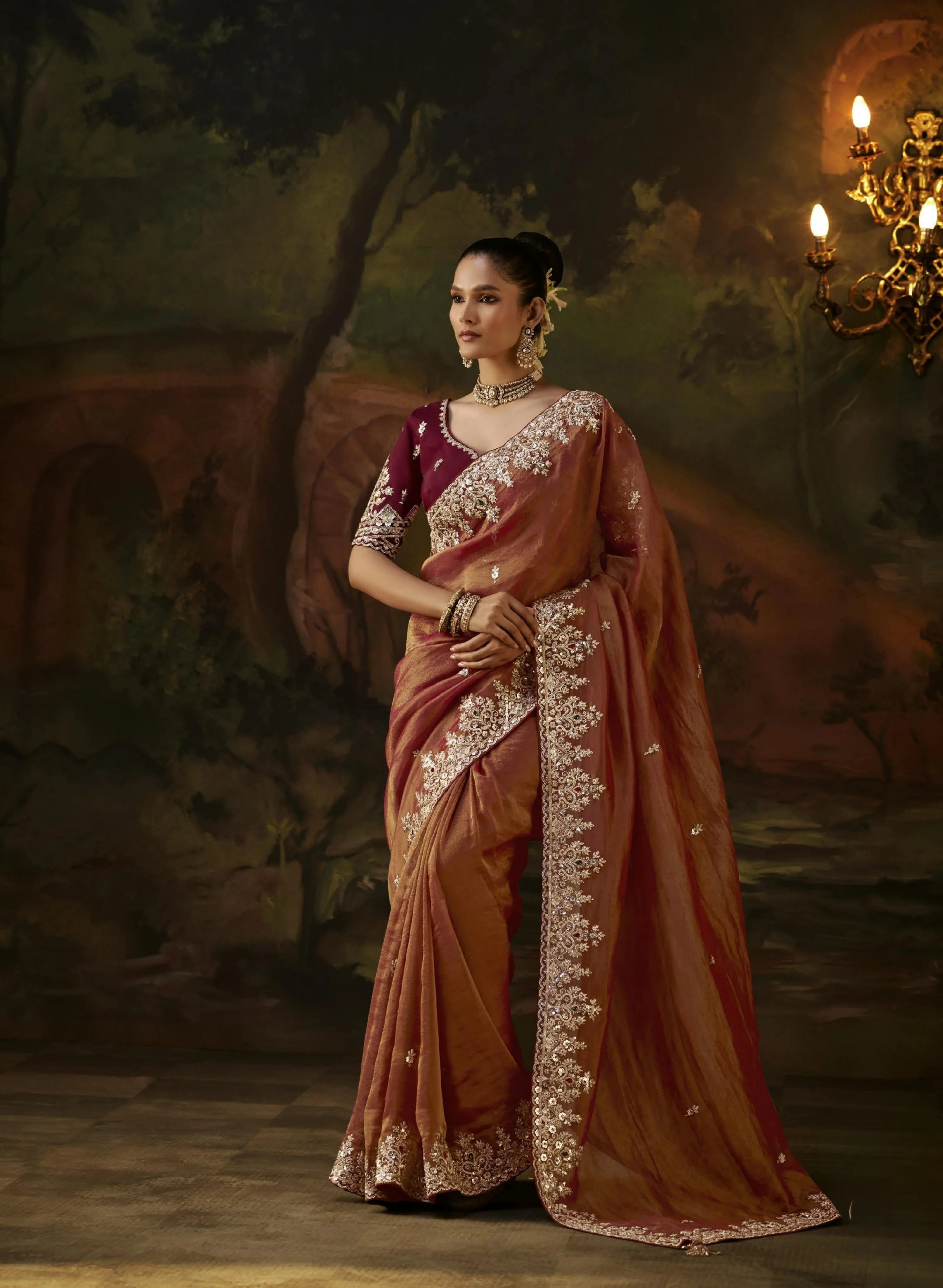 Viscose Tissue Party Wear Brown With Sequence Work