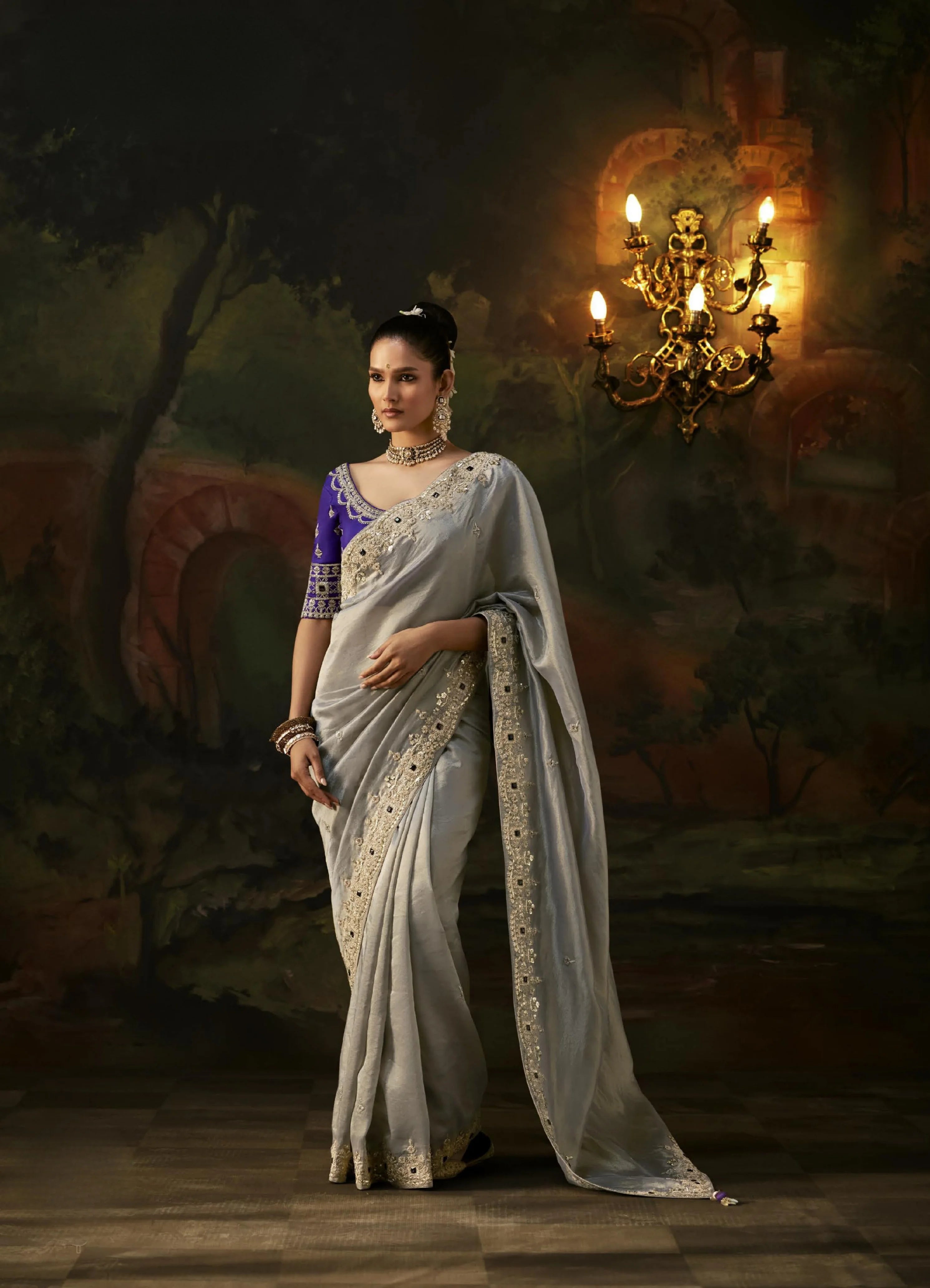 Viscose Tissue Party Wear Silver With Sequence Work