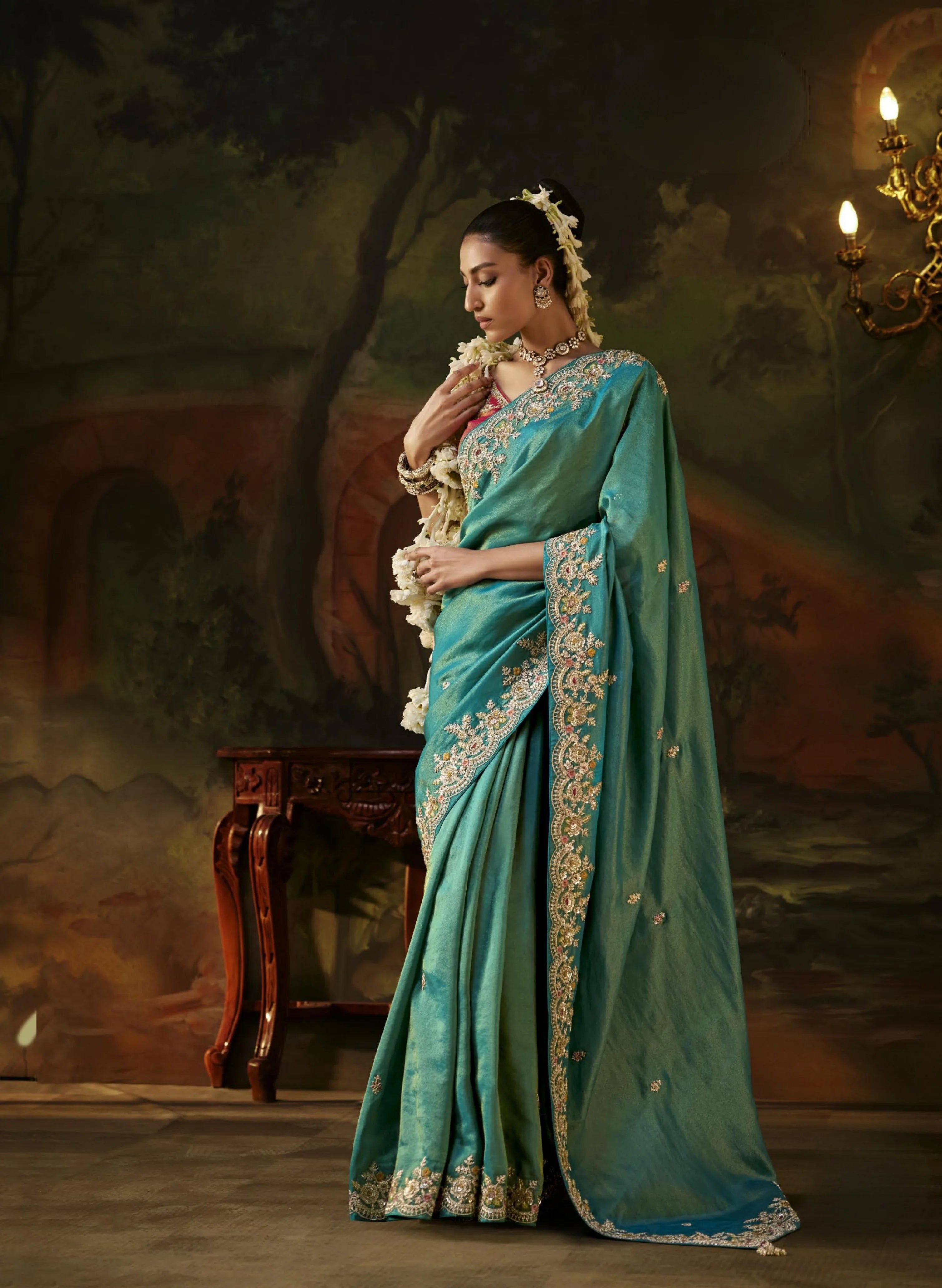 Viscose Tissue Party Wear Teal With Sequence Work