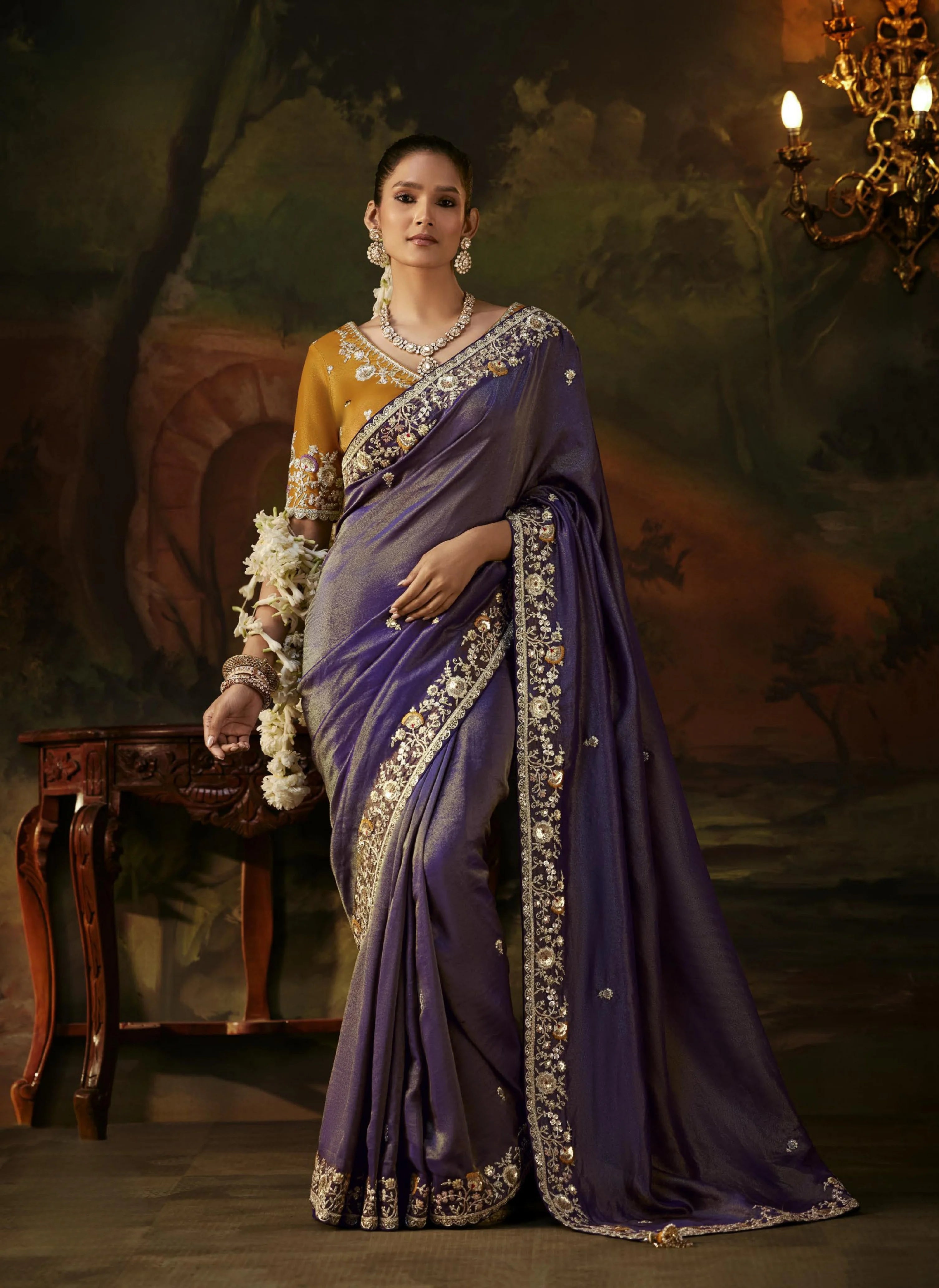 Viscose Tissue Party Wear Purple With Sequence Work