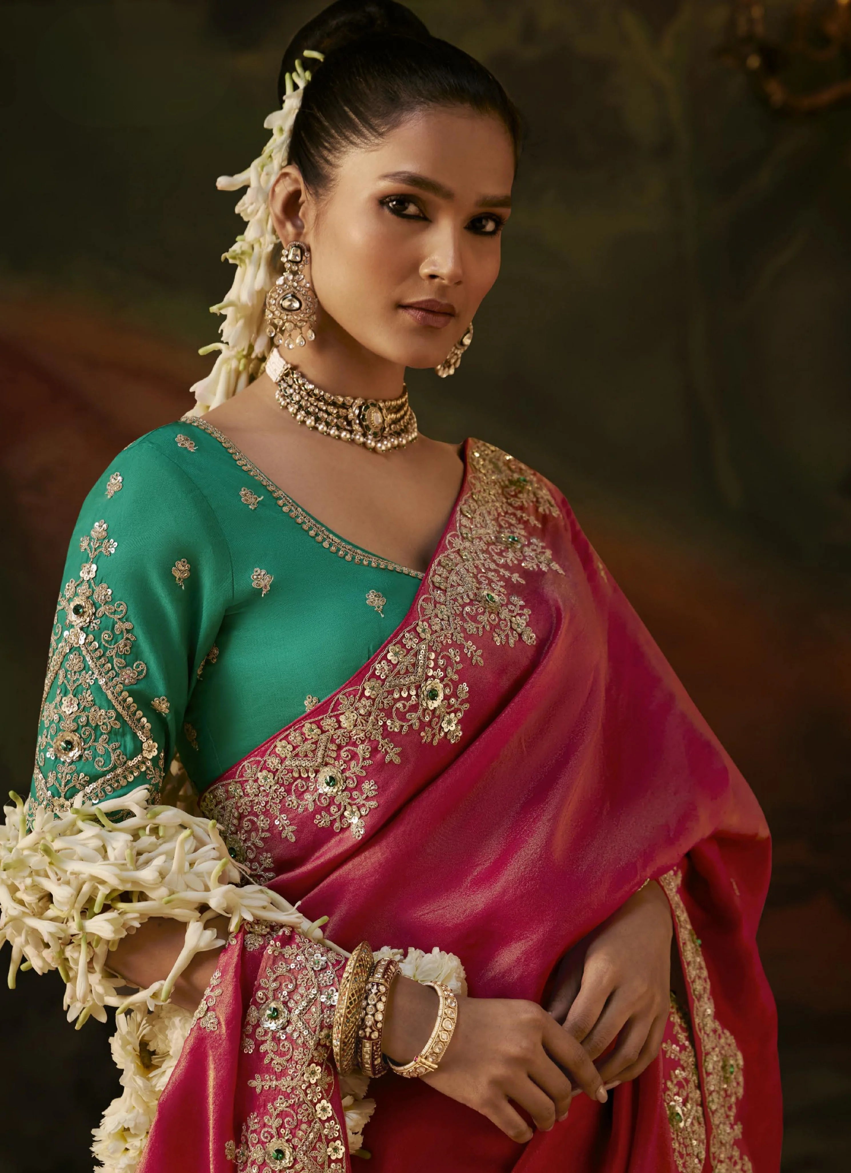 Viscose Tissue Party Wear Rose With Sequence Work