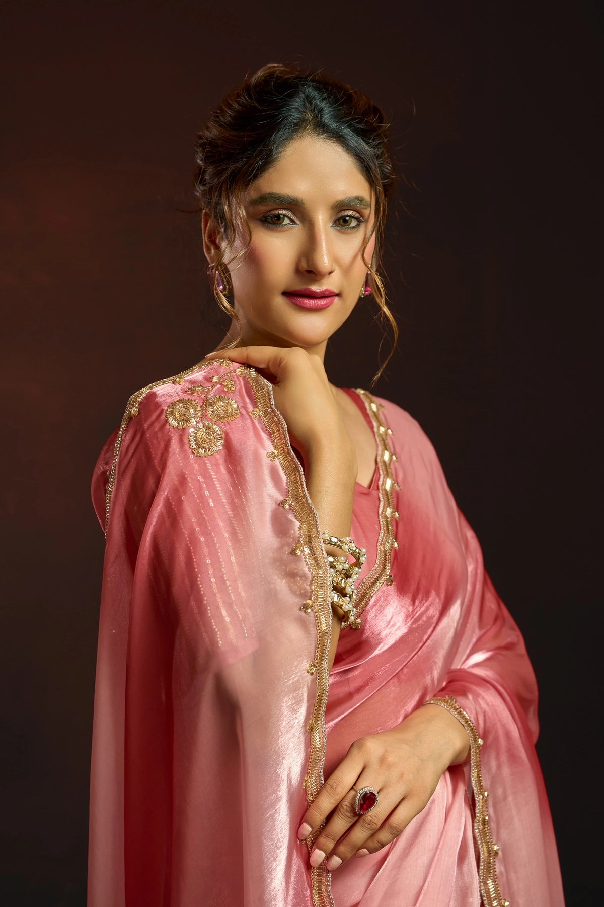 Fendy Satin Rose Pink Shaded Party Wear Saree