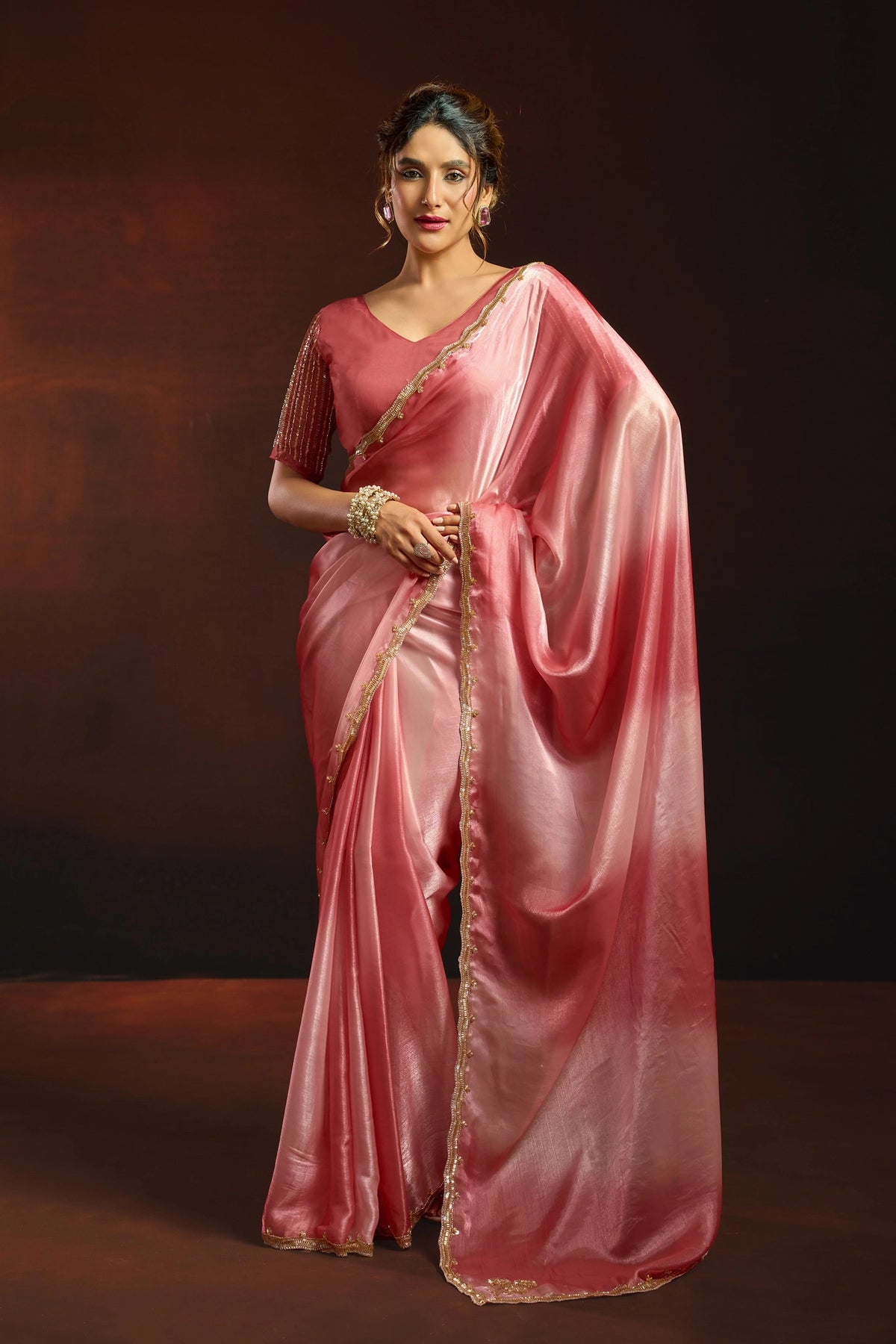 Fendy Satin Rose Pink Shaded Party Wear Saree