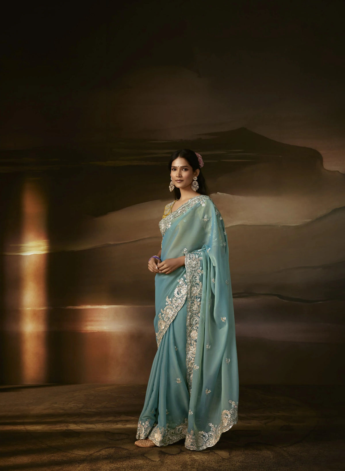 Zari Organza Blue Reception Wear Sequence Work Saree