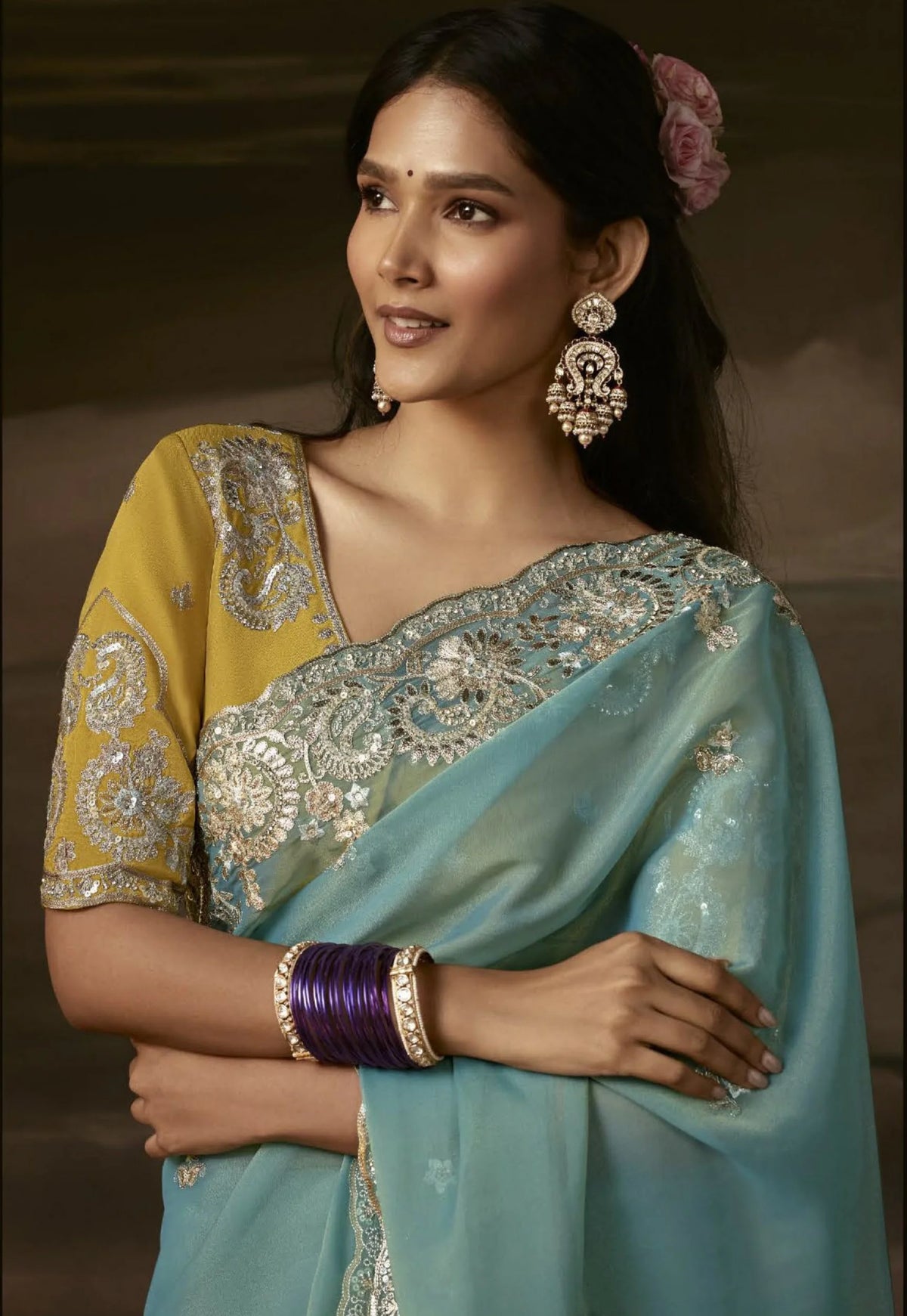 Zari Organza Blue Reception Wear Sequence Work Saree