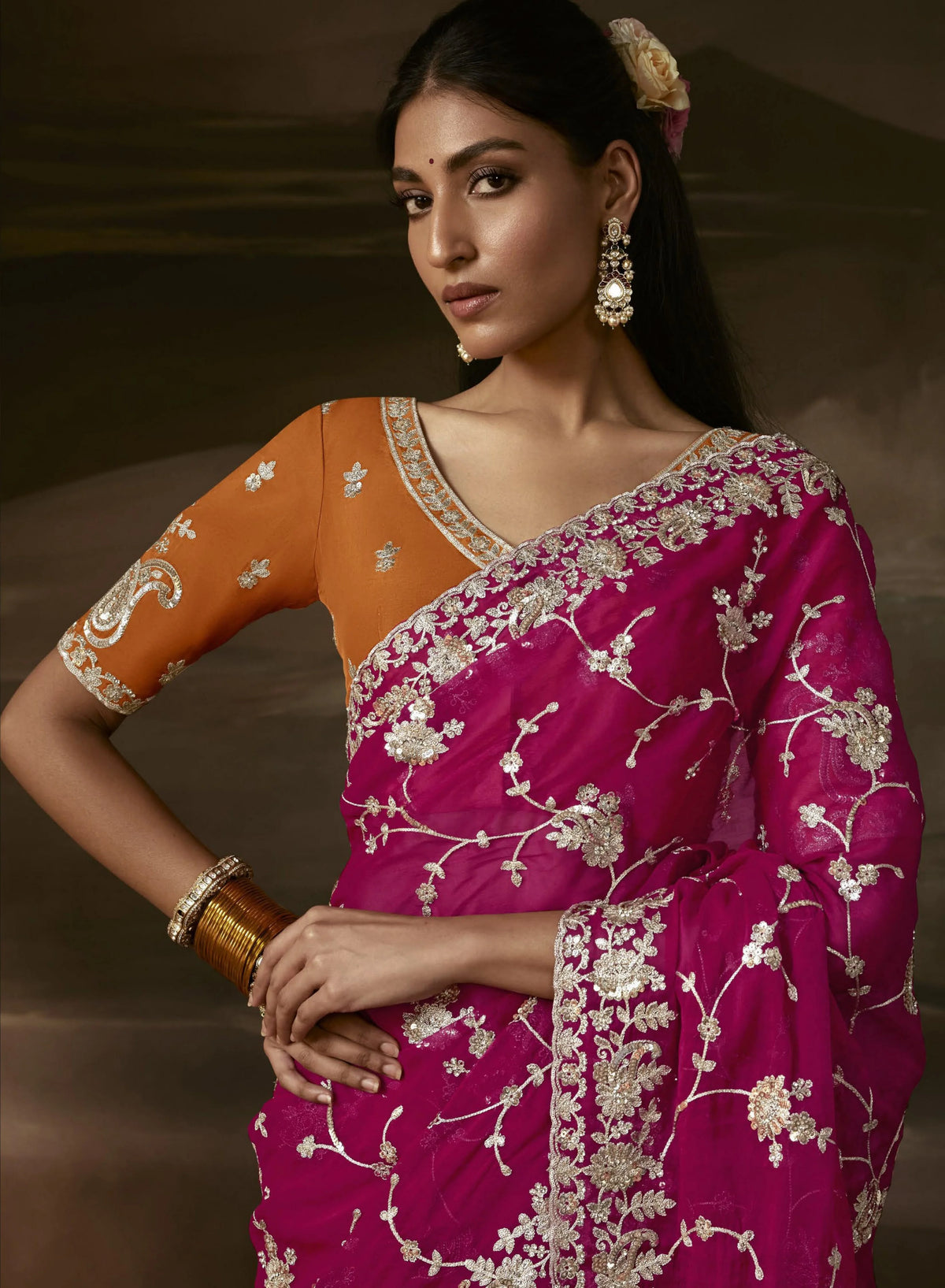 Zari Organza Pink Party Wear Sequence Work Saree