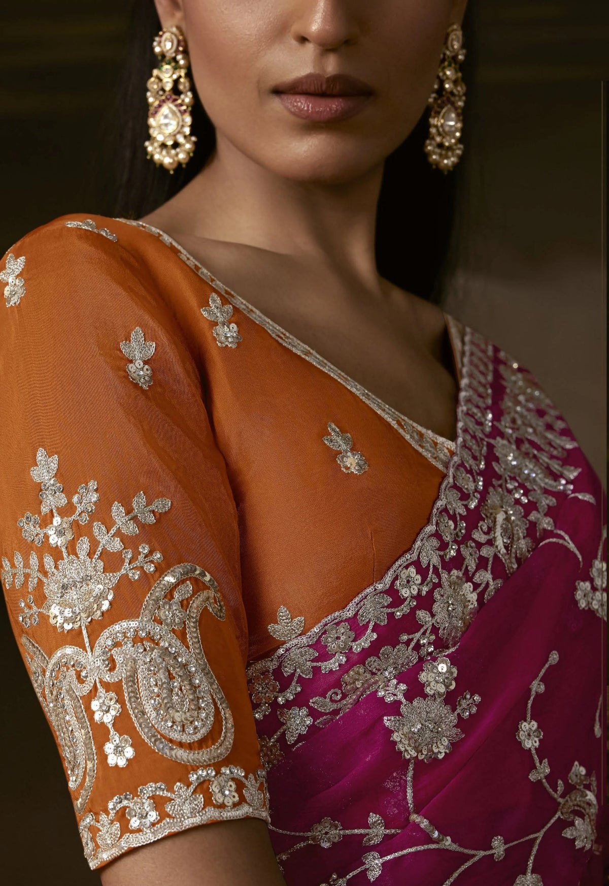 Zari Organza Pink Party Wear Sequence Work Saree