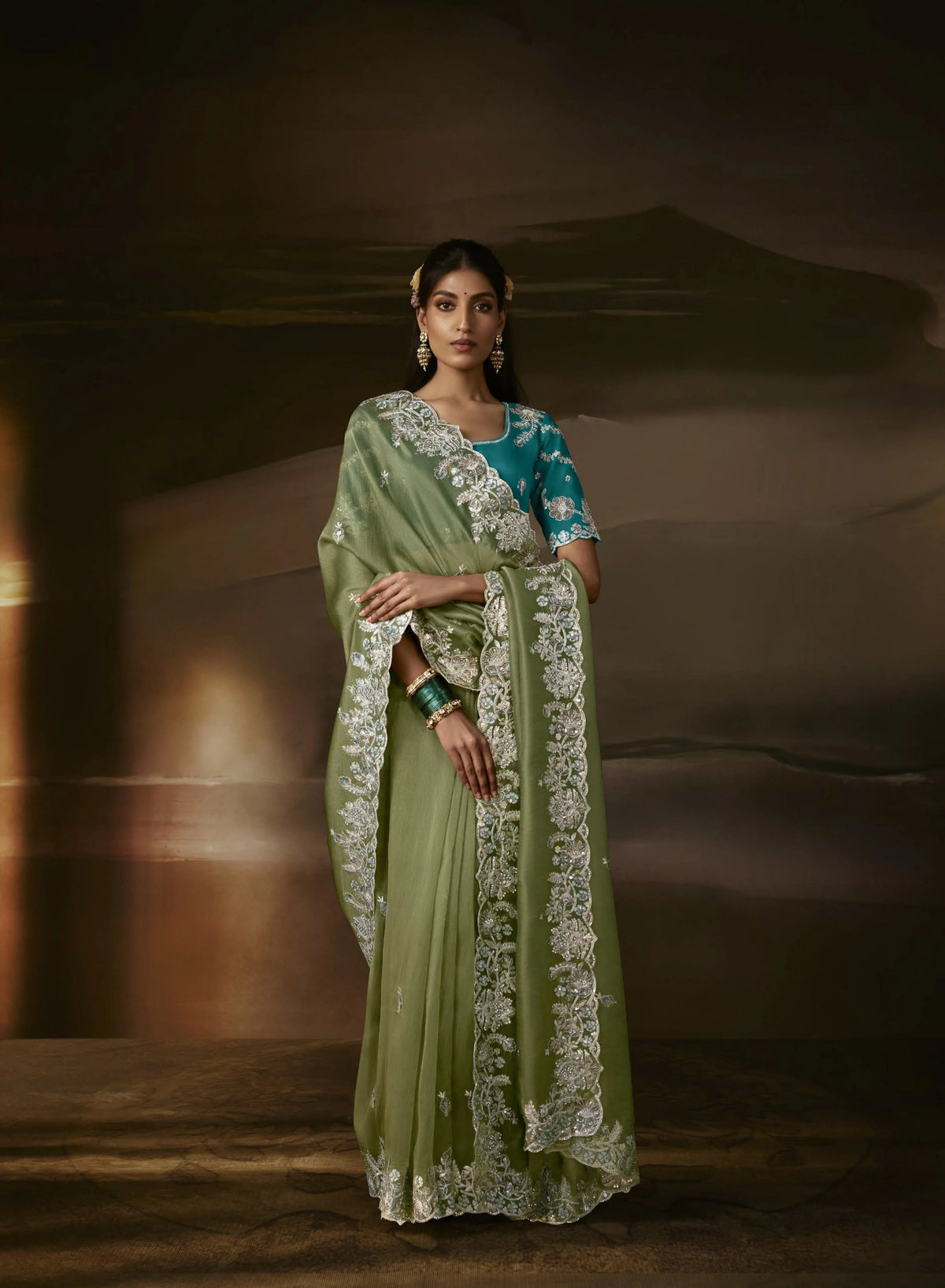 Zari Organza Green Party Wear Sequence Work Saree