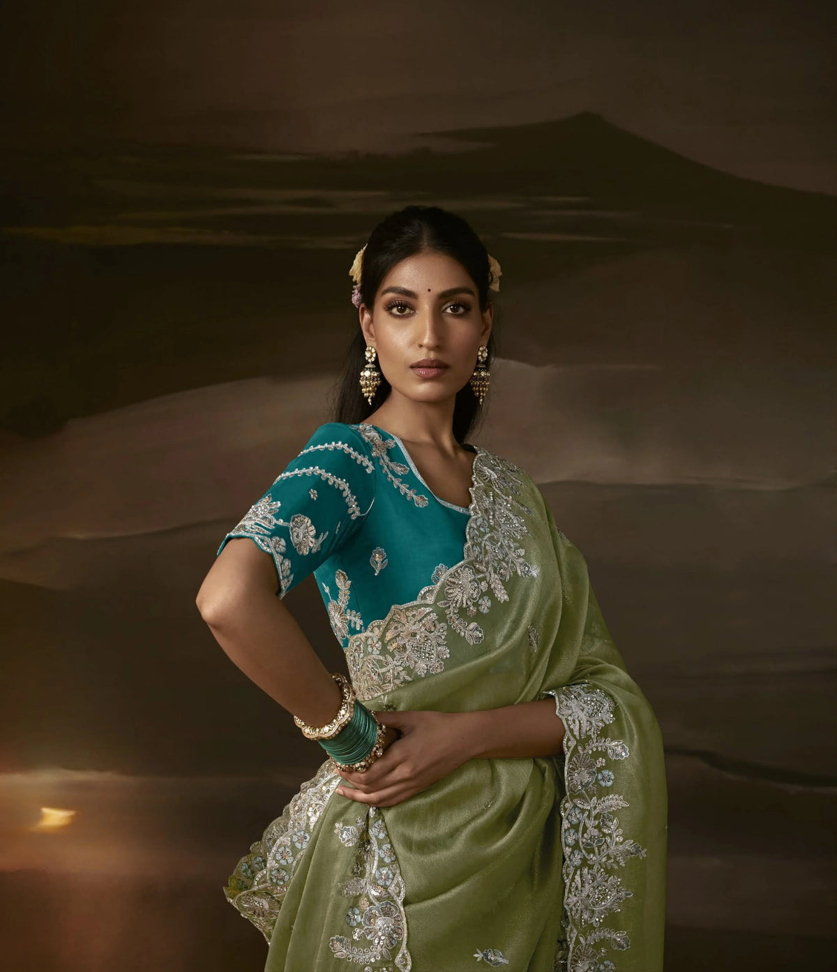 Zari Organza Green Party Wear Sequence Work Saree