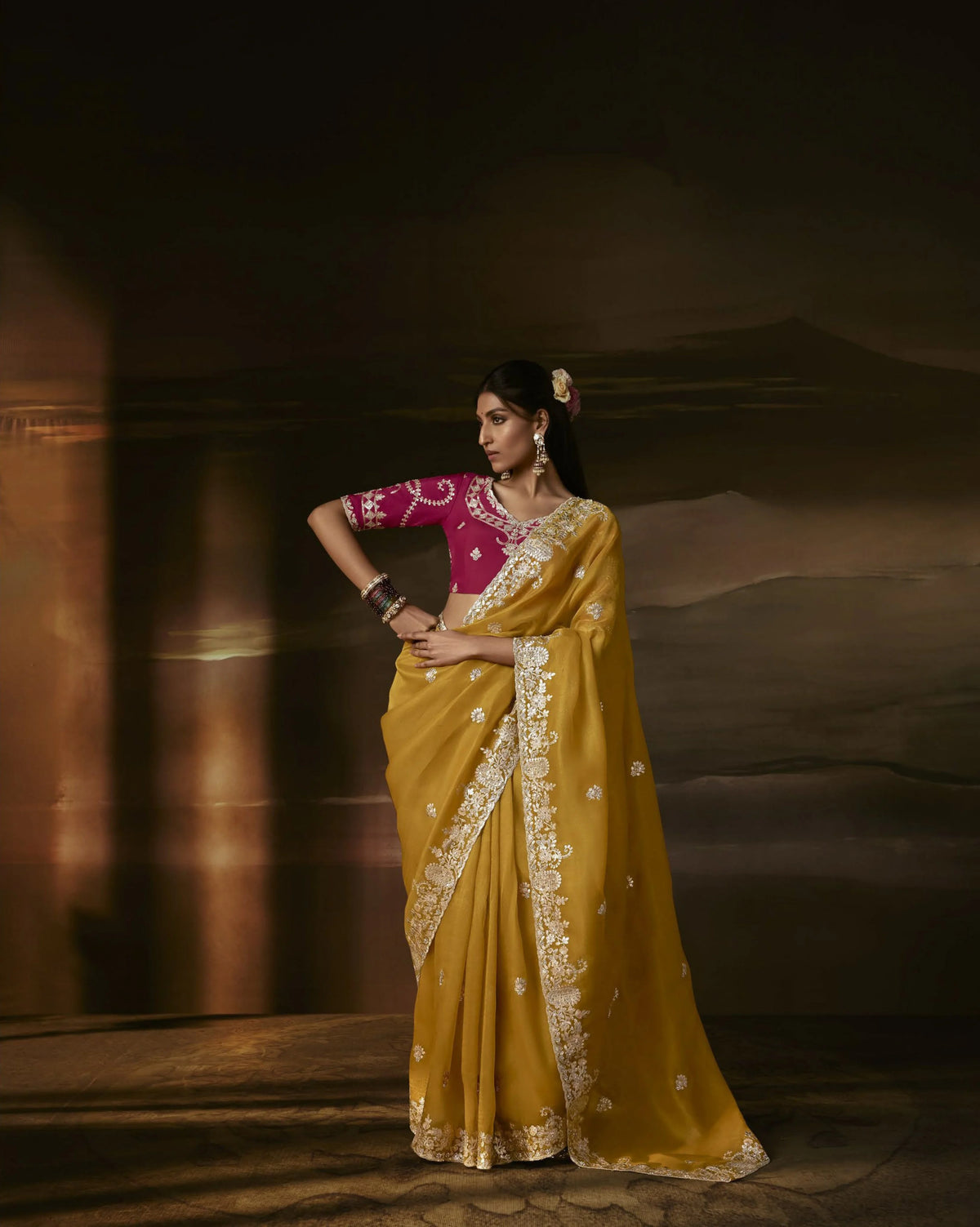 Zari Organza Yellow Party Wear Gotta Patti Work Saree