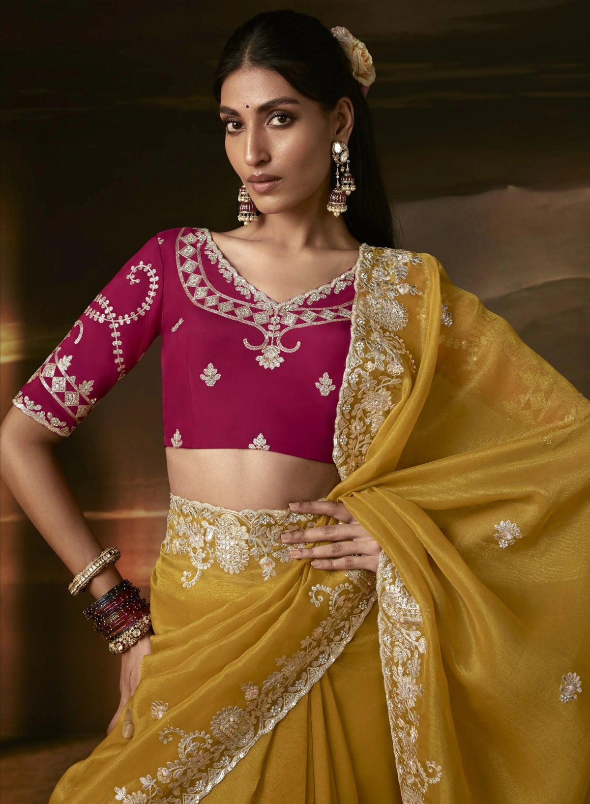 Zari Organza Yellow Party Wear Gotta Patti Work Saree