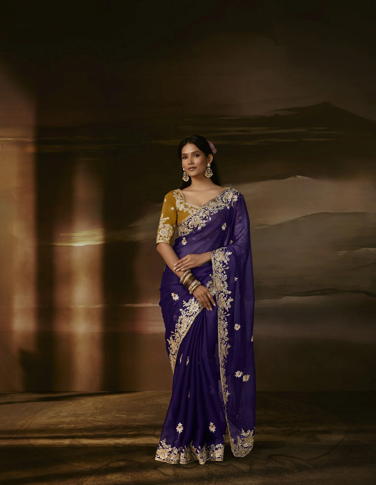 Zari Organza Royal Purple Party Wear Gotta Patti Work Saree