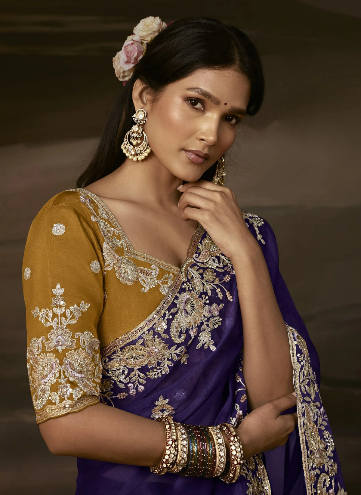 Zari Organza Royal Purple Party Wear Gotta Patti Work Saree