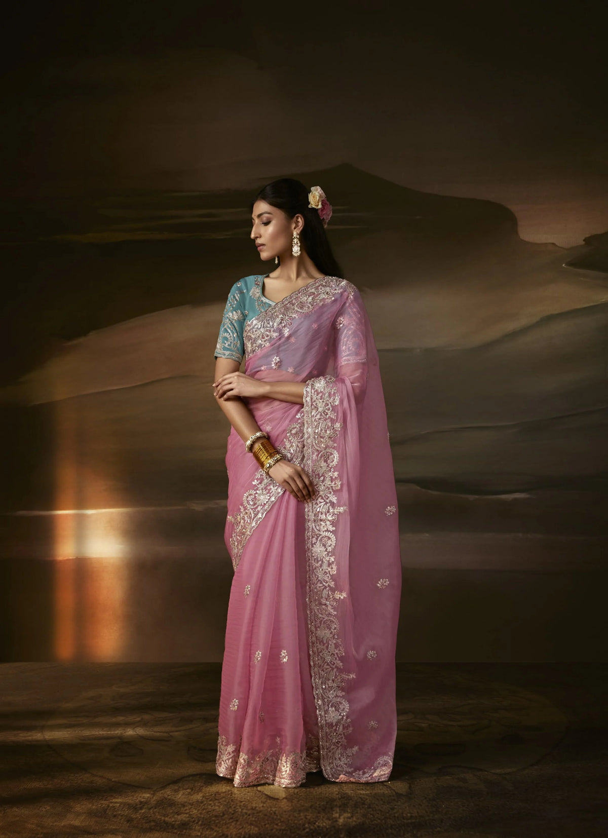 Zari Organza Rose Pink Party Wear Gotta Patti Work Saree