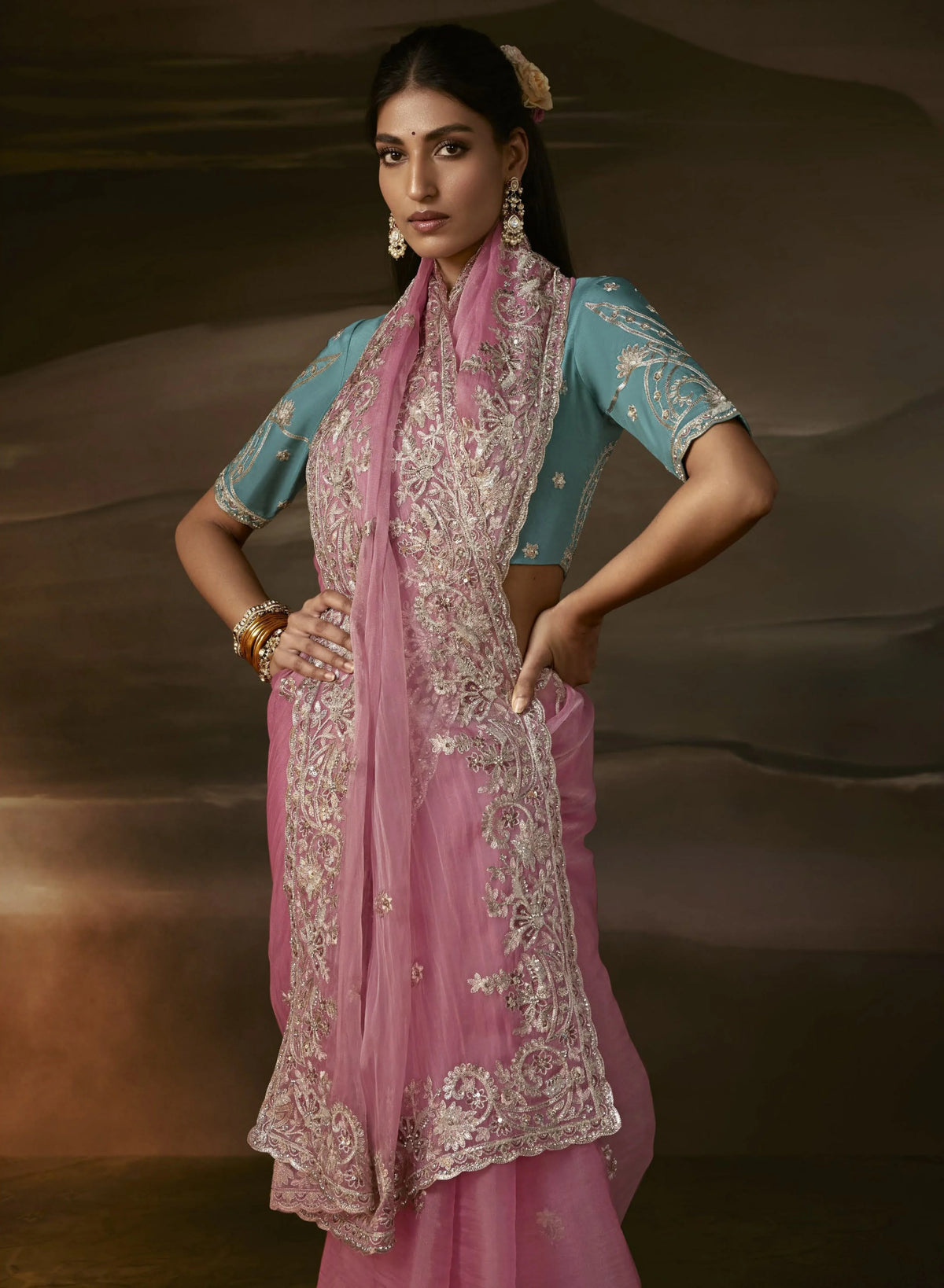 Zari Organza Rose Pink Party Wear Gotta Patti Work Saree