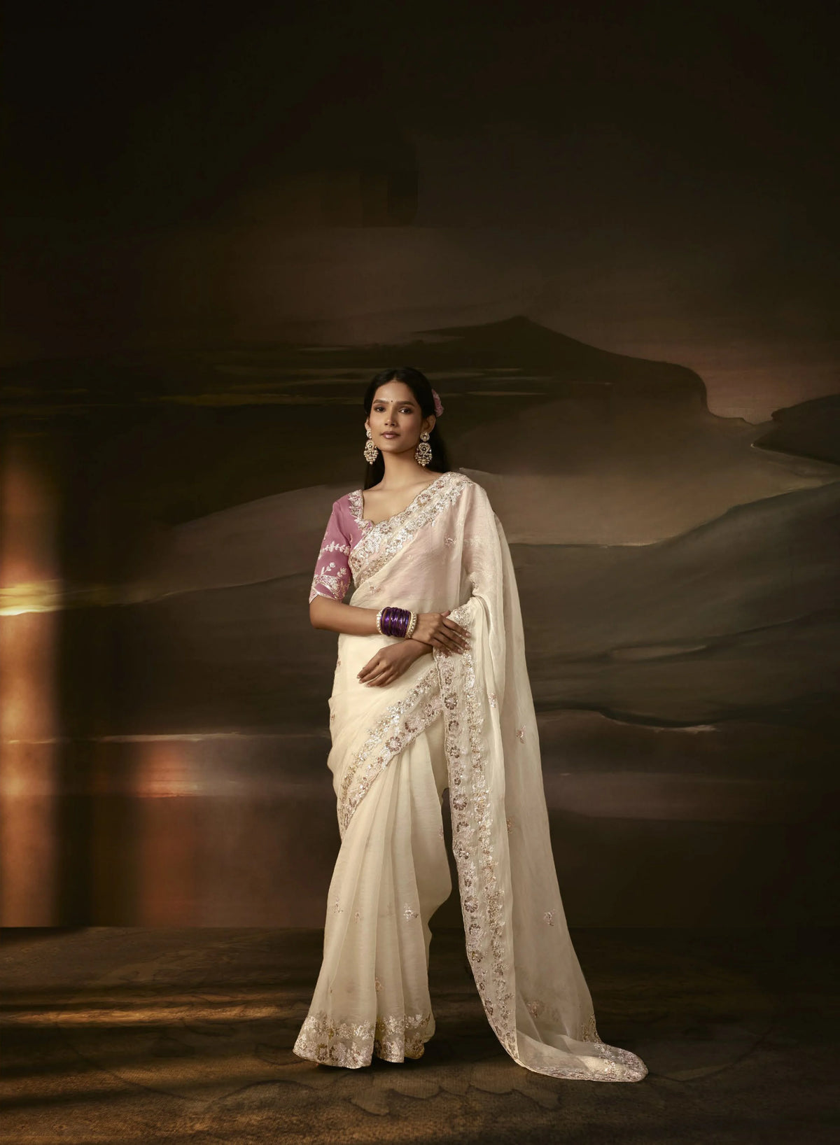 Zari Organza Off White Party Wear Aari Work Saree