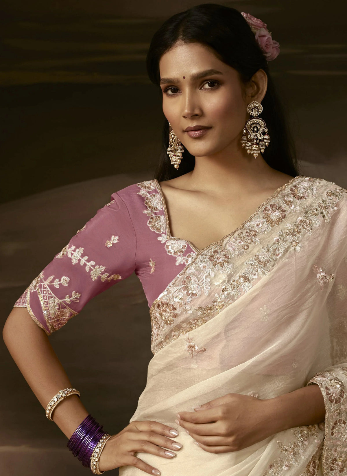 Zari Organza Off White Party Wear Aari Work Saree