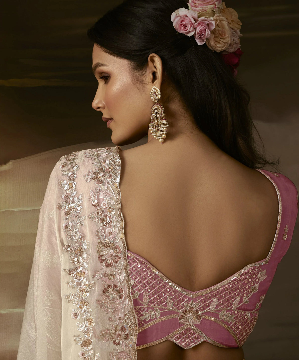 Zari Organza Off White Party Wear Aari Work Saree