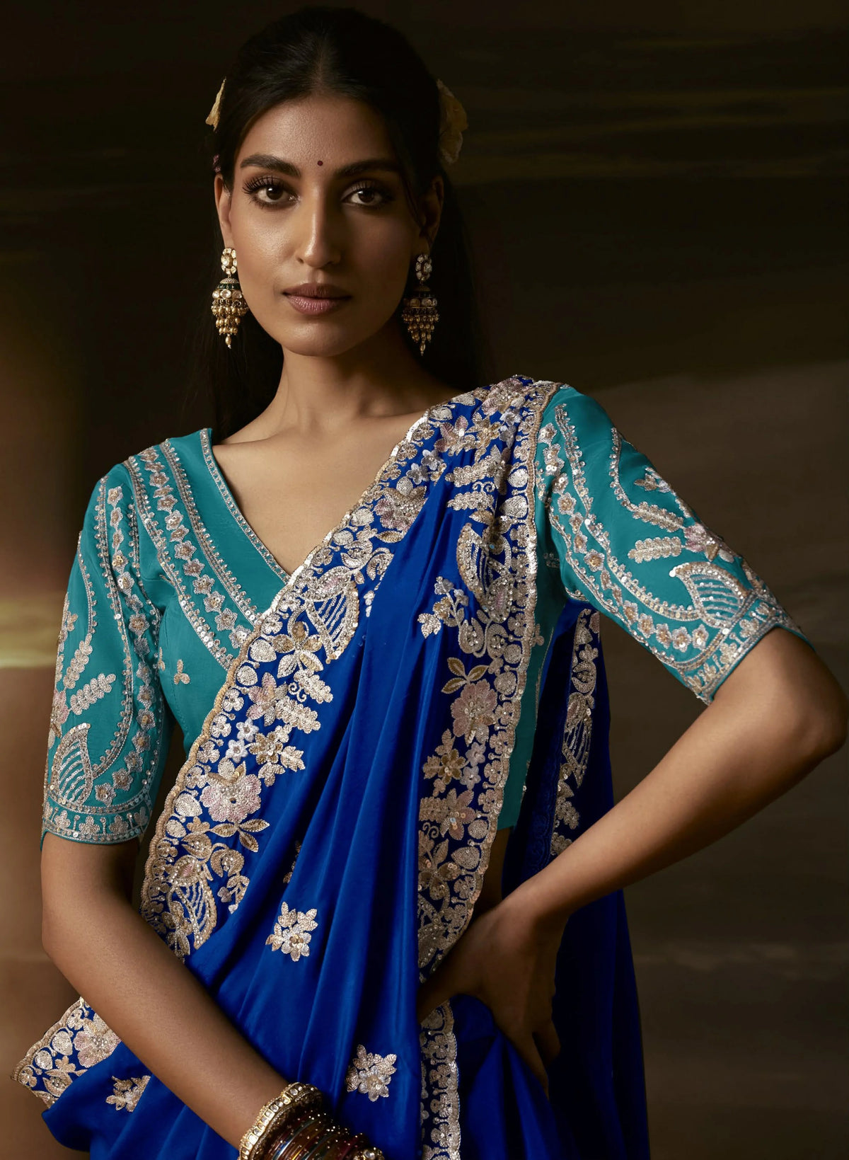 Zari Organza Royal Blue Party Wear Aari Work Saree