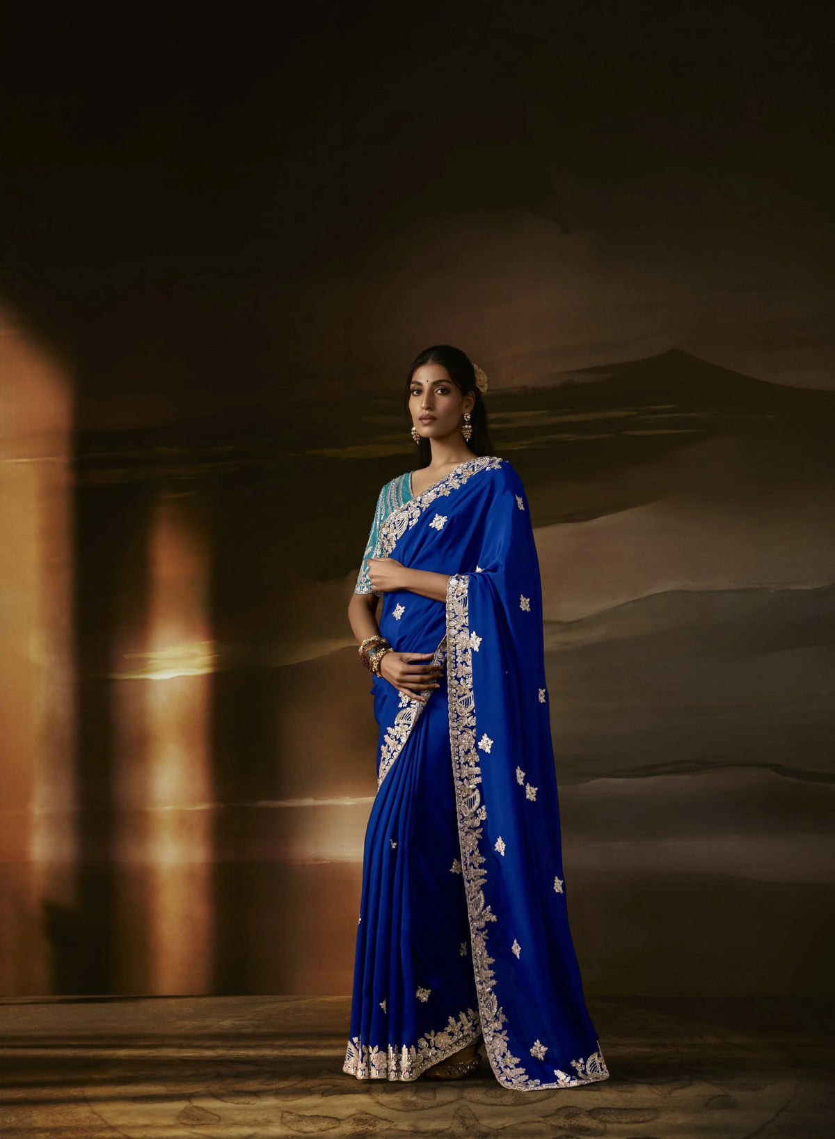 Zari Organza Royal Blue Party Wear Aari Work Saree