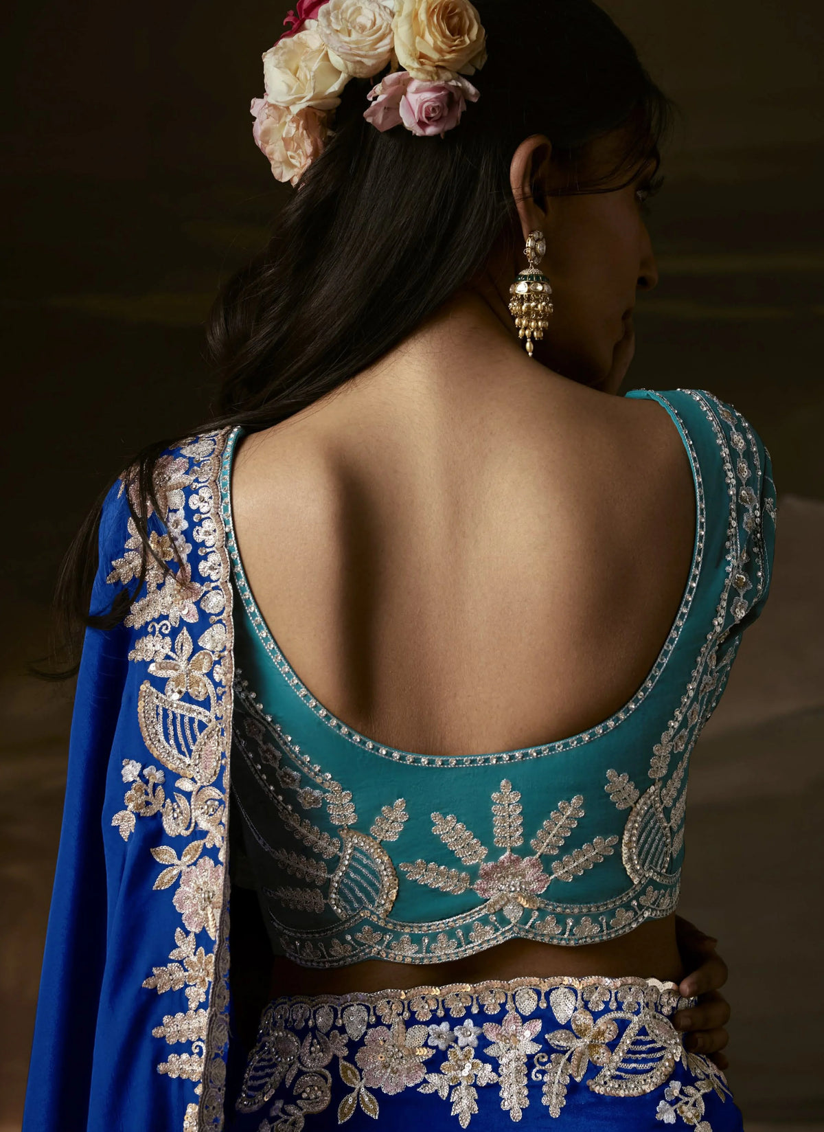 Zari Organza Royal Blue Party Wear Aari Work Saree