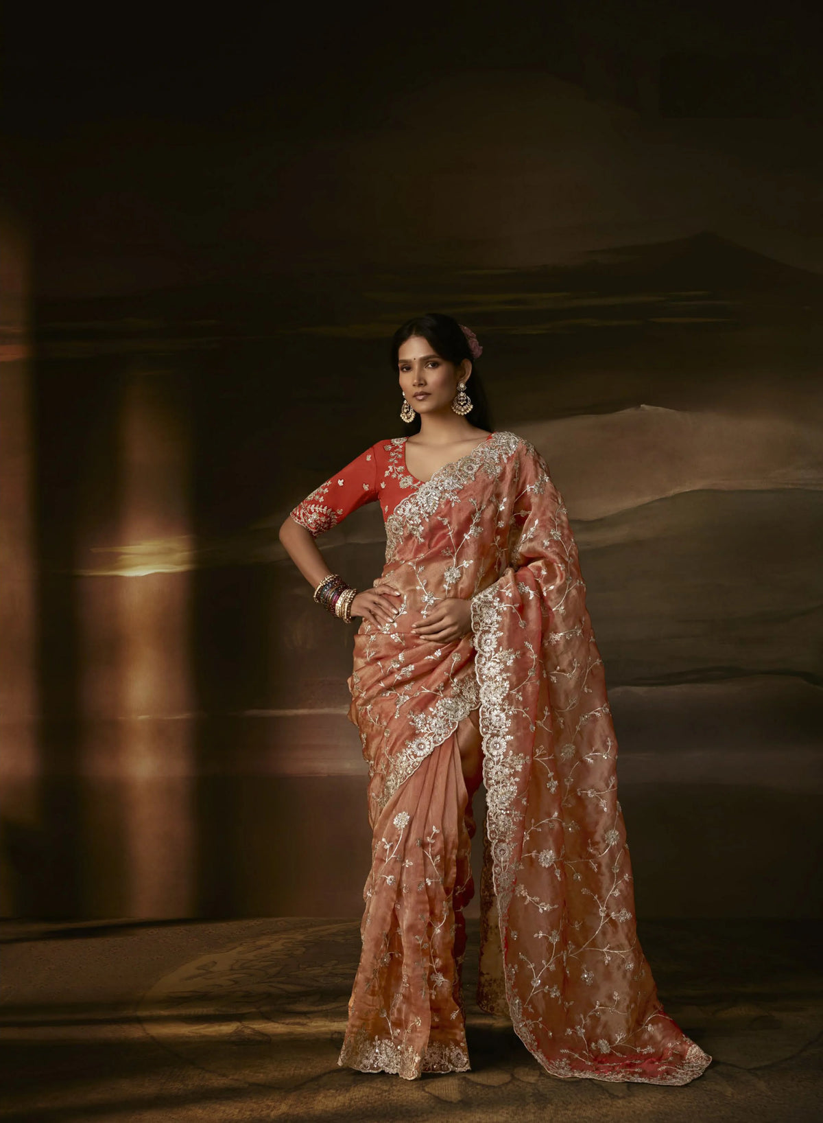 Zari Organza Orange Party Wear Aari Work Saree