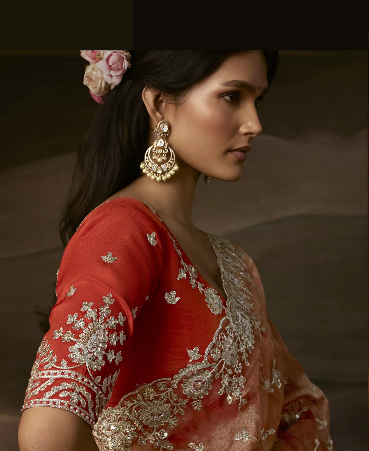 Zari Organza Orange Party Wear Aari Work Saree