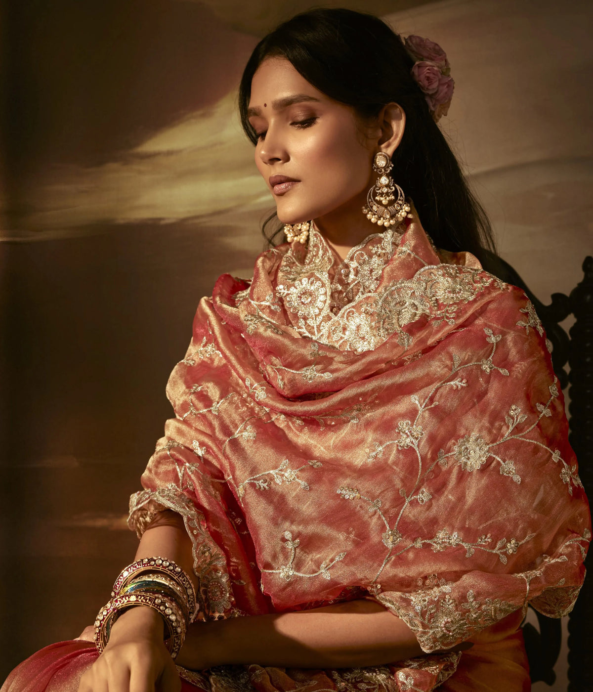 Zari Organza Orange Party Wear Aari Work Saree