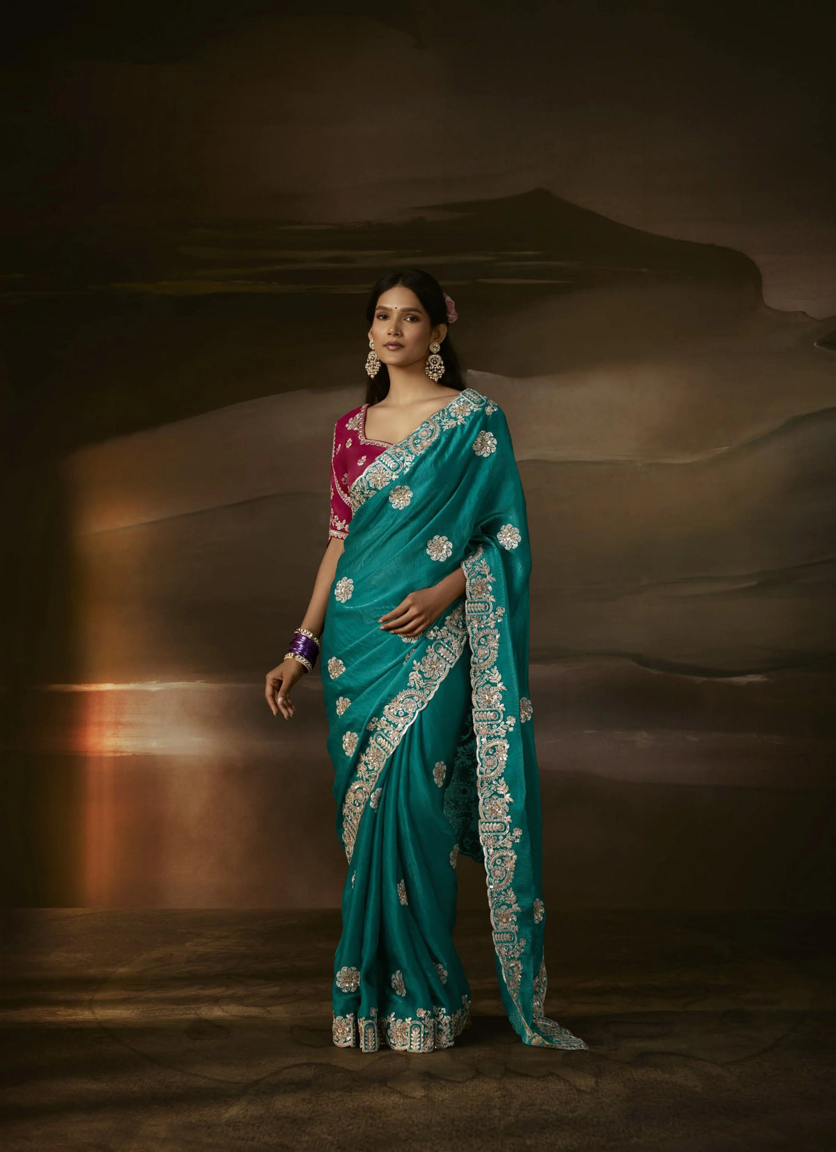 Zari Organza Teal Green Party Wear Aari Work Saree