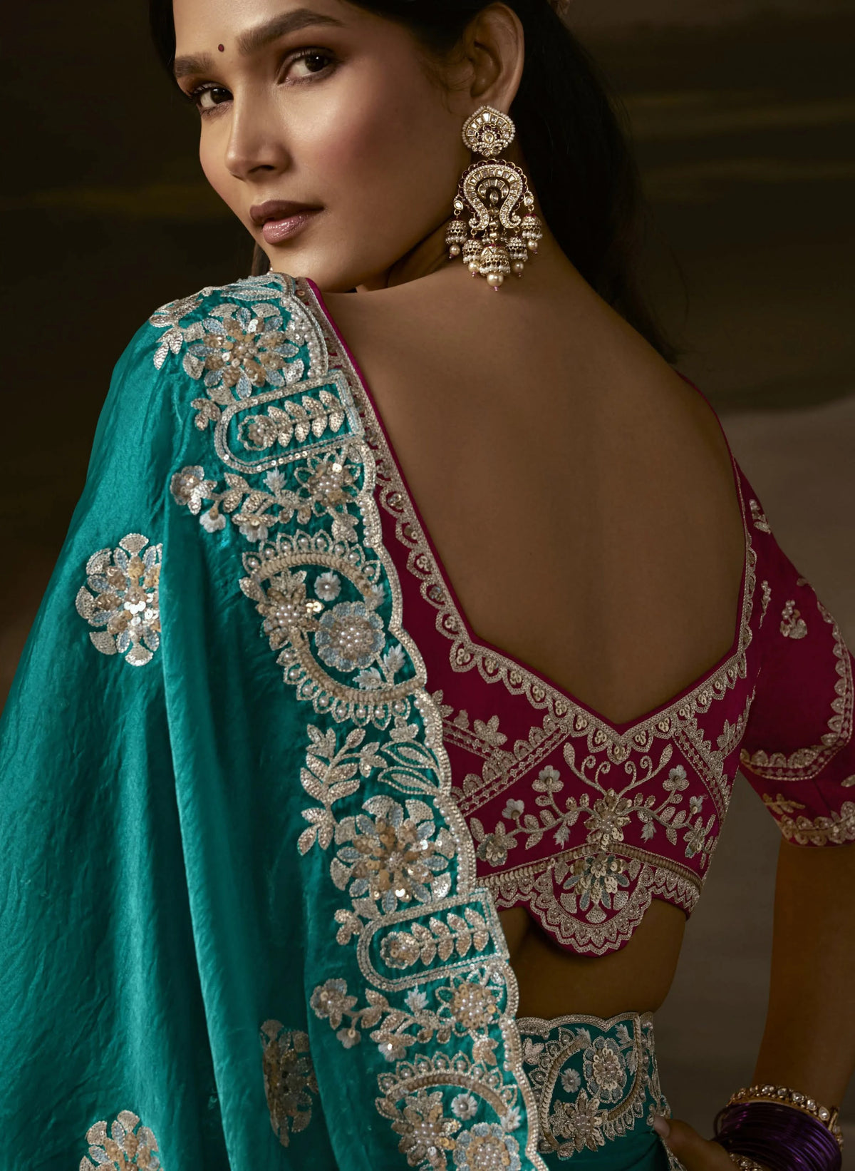 Zari Organza Teal Green Party Wear Aari Work Saree