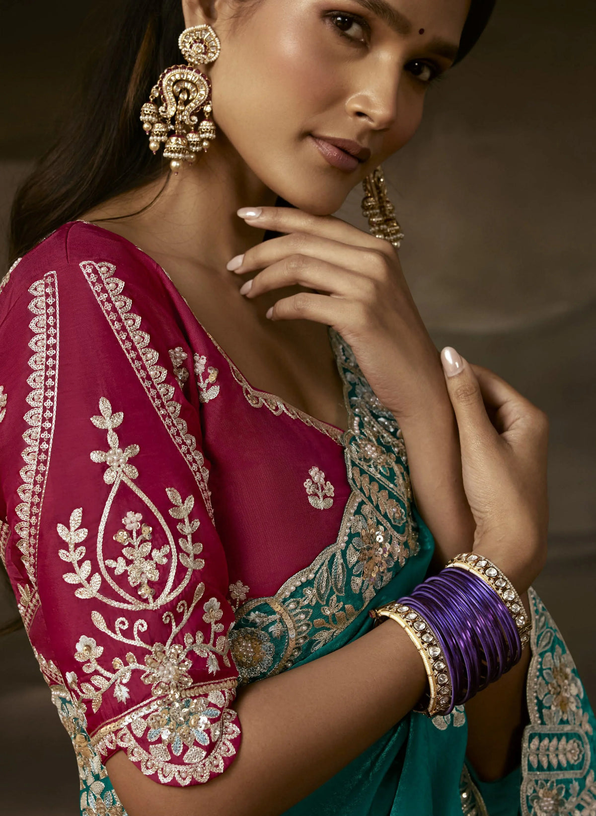 Zari Organza Teal Green Party Wear Aari Work Saree