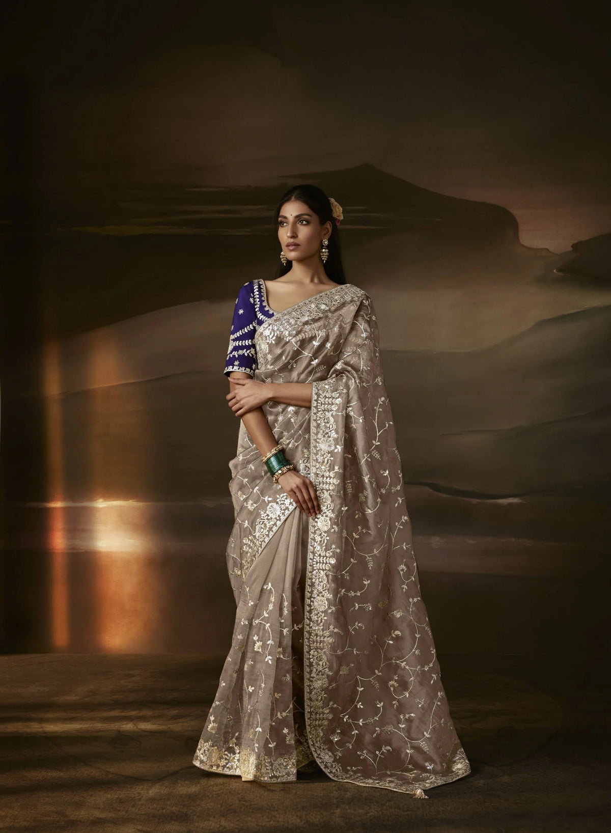 Zari Organza Silver Party Wear Aari Work Saree