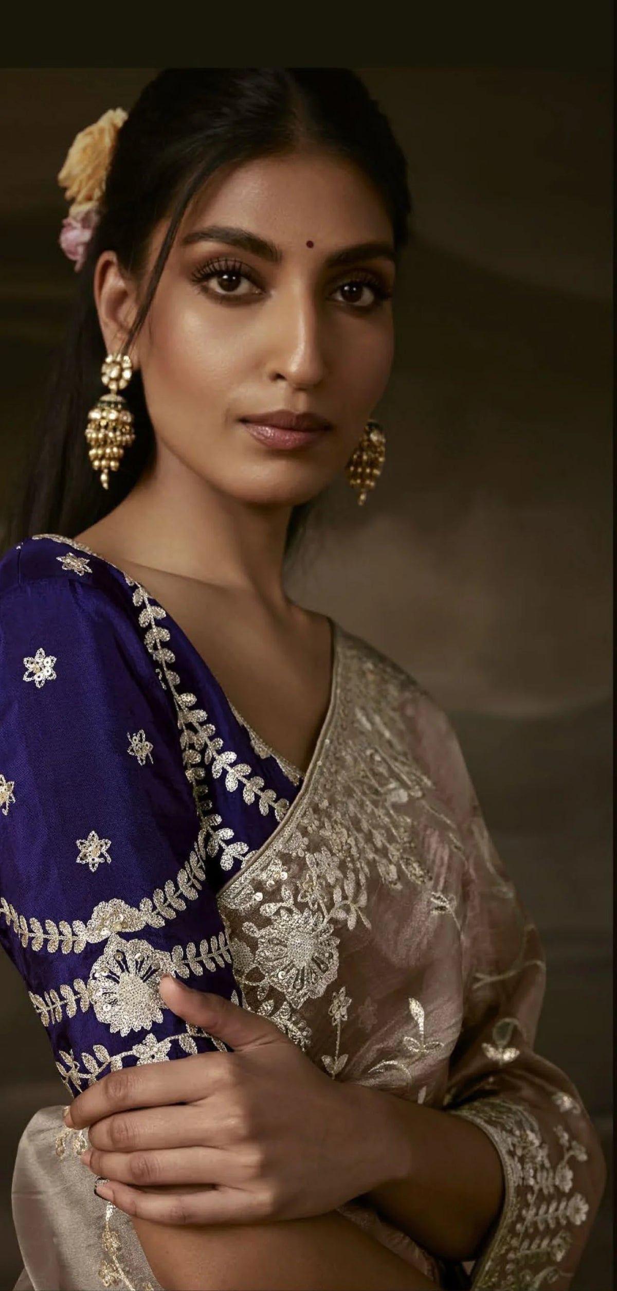 Zari Organza Silver Party Wear Aari Work Saree
