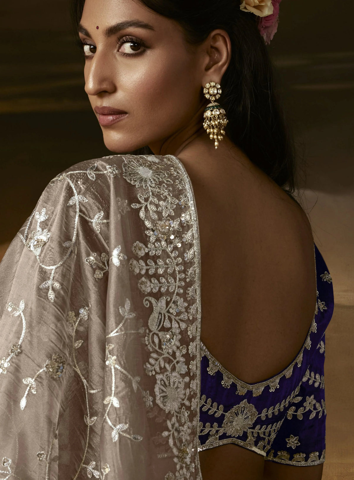 Zari Organza Silver Party Wear Aari Work Saree