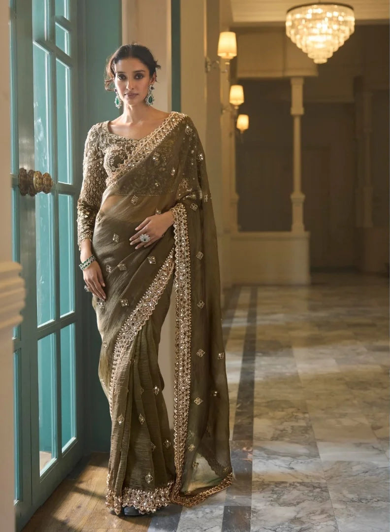 Tissue Silk Georgette Olive Party Wear Beads Work Sarees