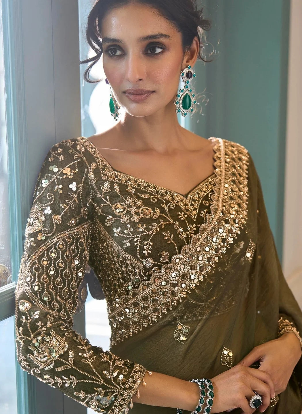Tissue Silk Georgette Olive Party Wear Beads Work Sarees