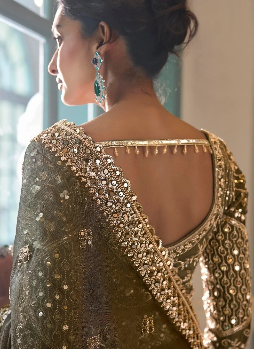 Tissue Silk Georgette Olive Party Wear Beads Work Sarees