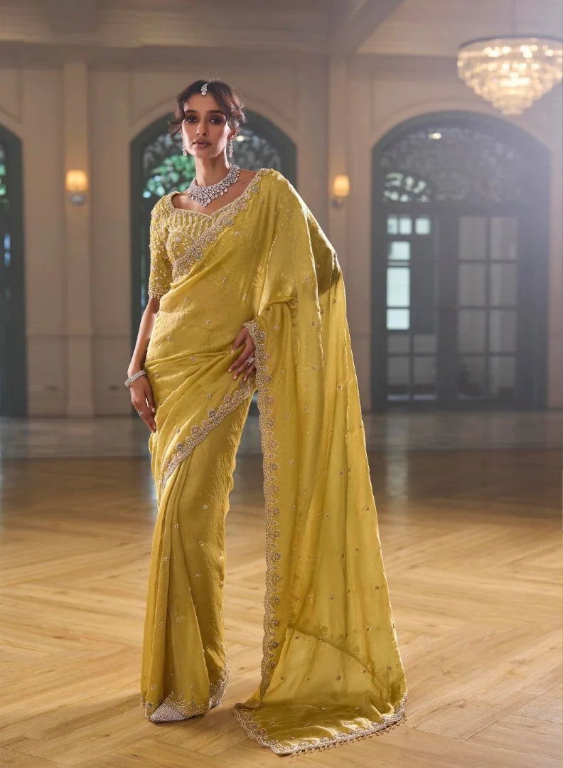 Silk Blend Mustard Party Wear Beads Work Sarees