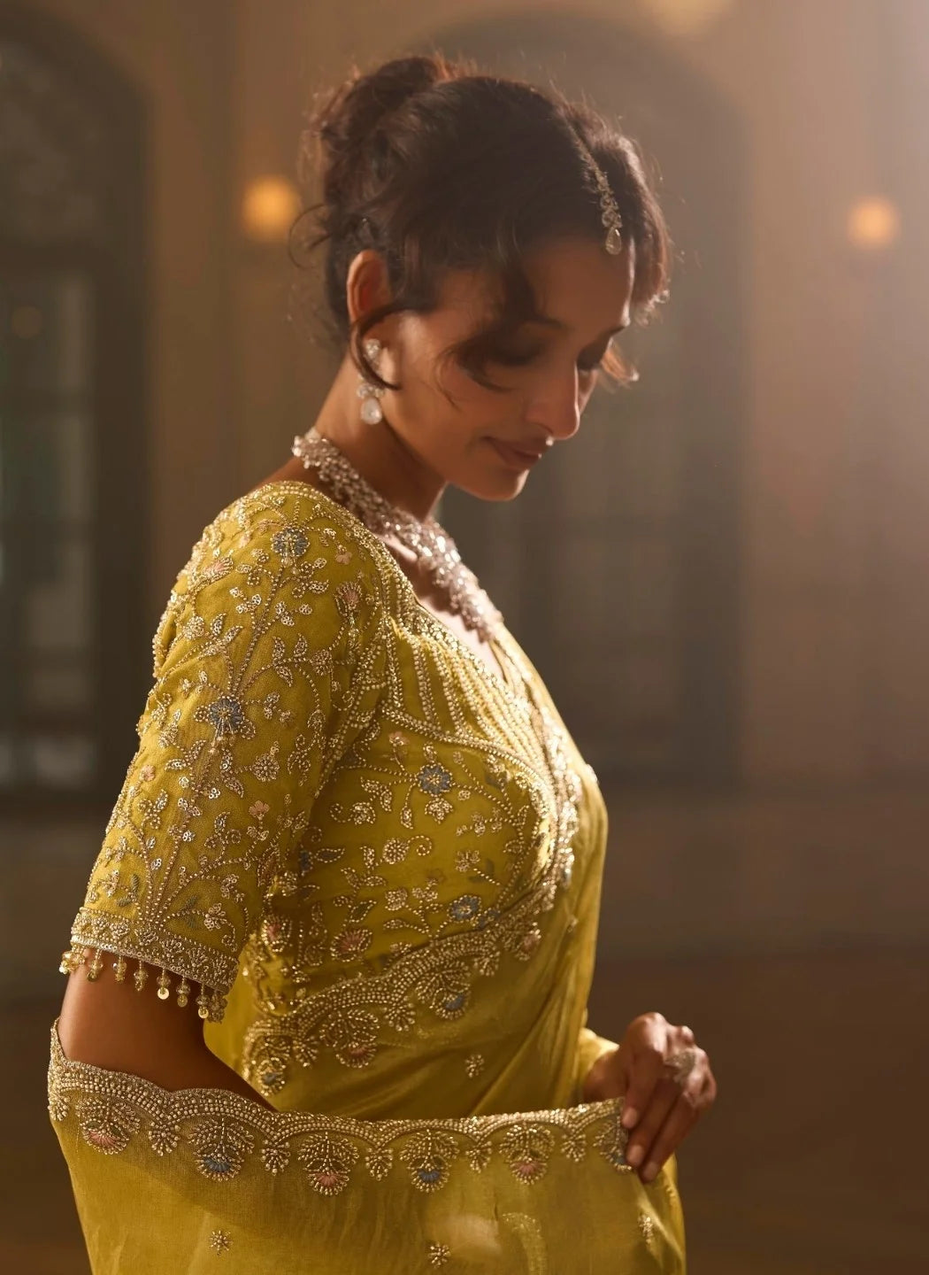 Silk Blend Mustard Party Wear Beads Work Sarees