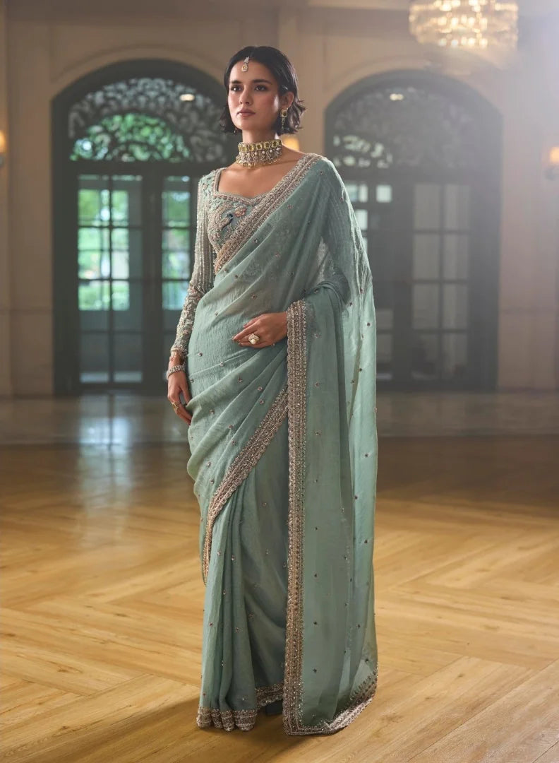 Chiffon Silk Sage Green Party Wear Beads Work Sarees