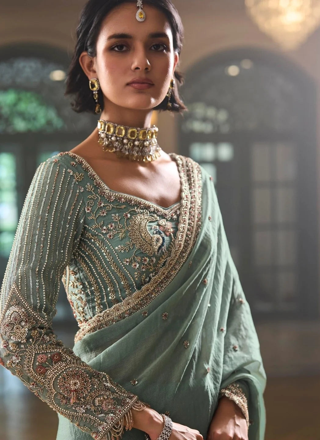 Chiffon Silk Sage Green Party Wear Beads Work Sarees