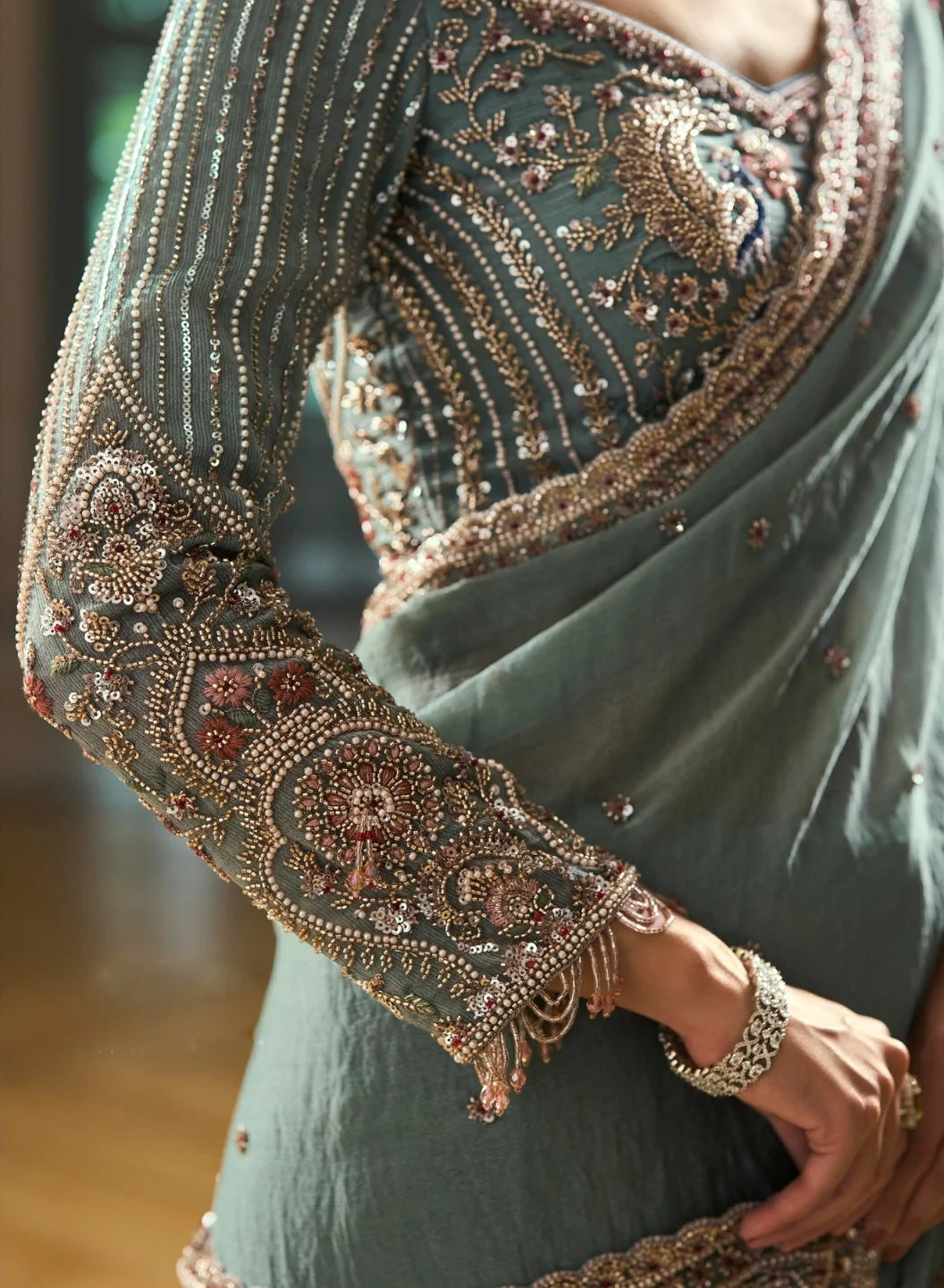 Chiffon Silk Sage Green Party Wear Beads Work Sarees