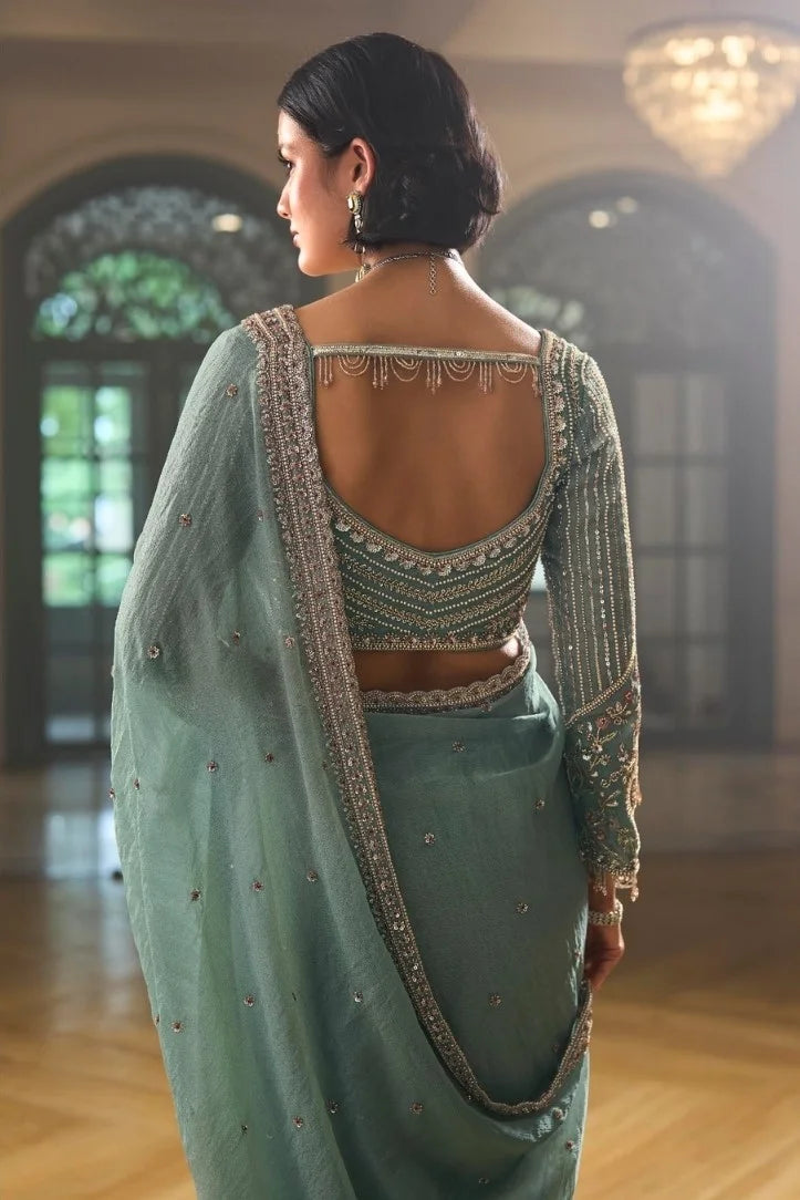 Chiffon Silk Sage Green Party Wear Beads Work Sarees