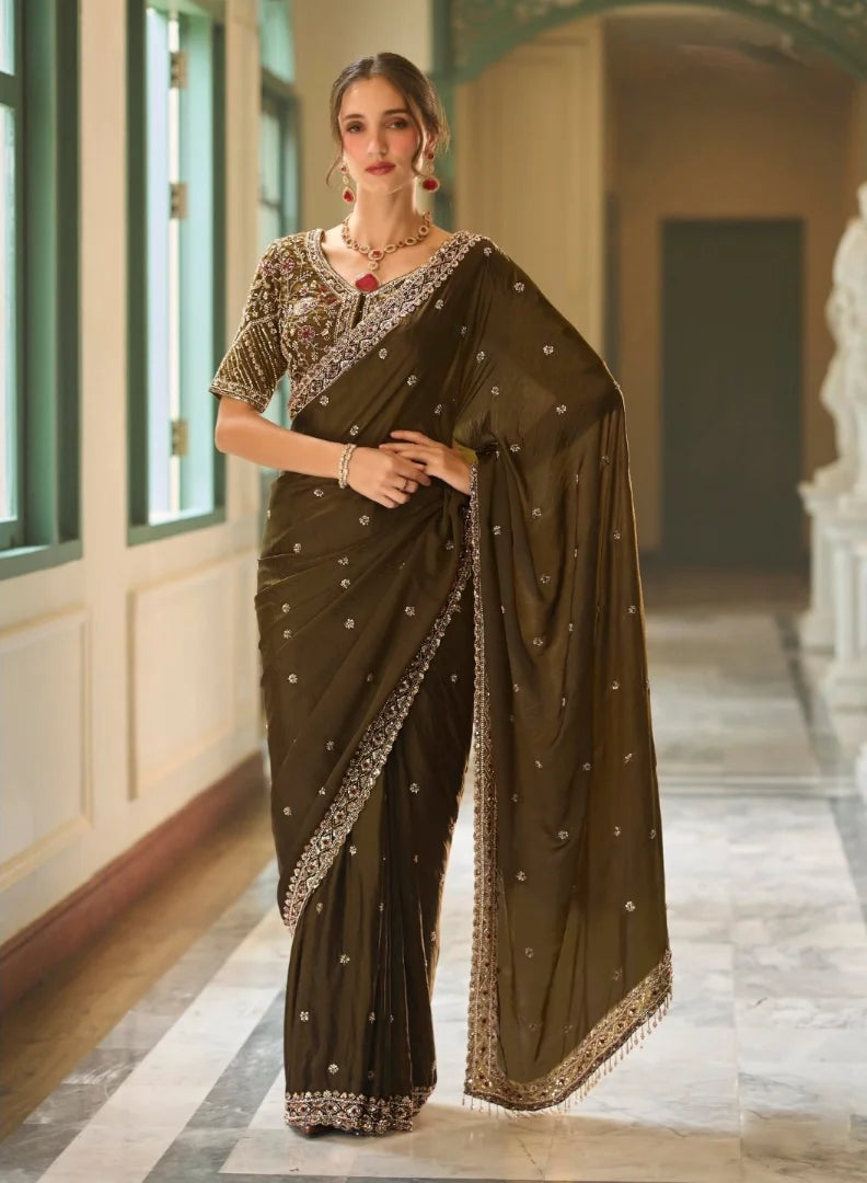 Georgette Silk Olive Green Party Wear Heavy Work Sarees