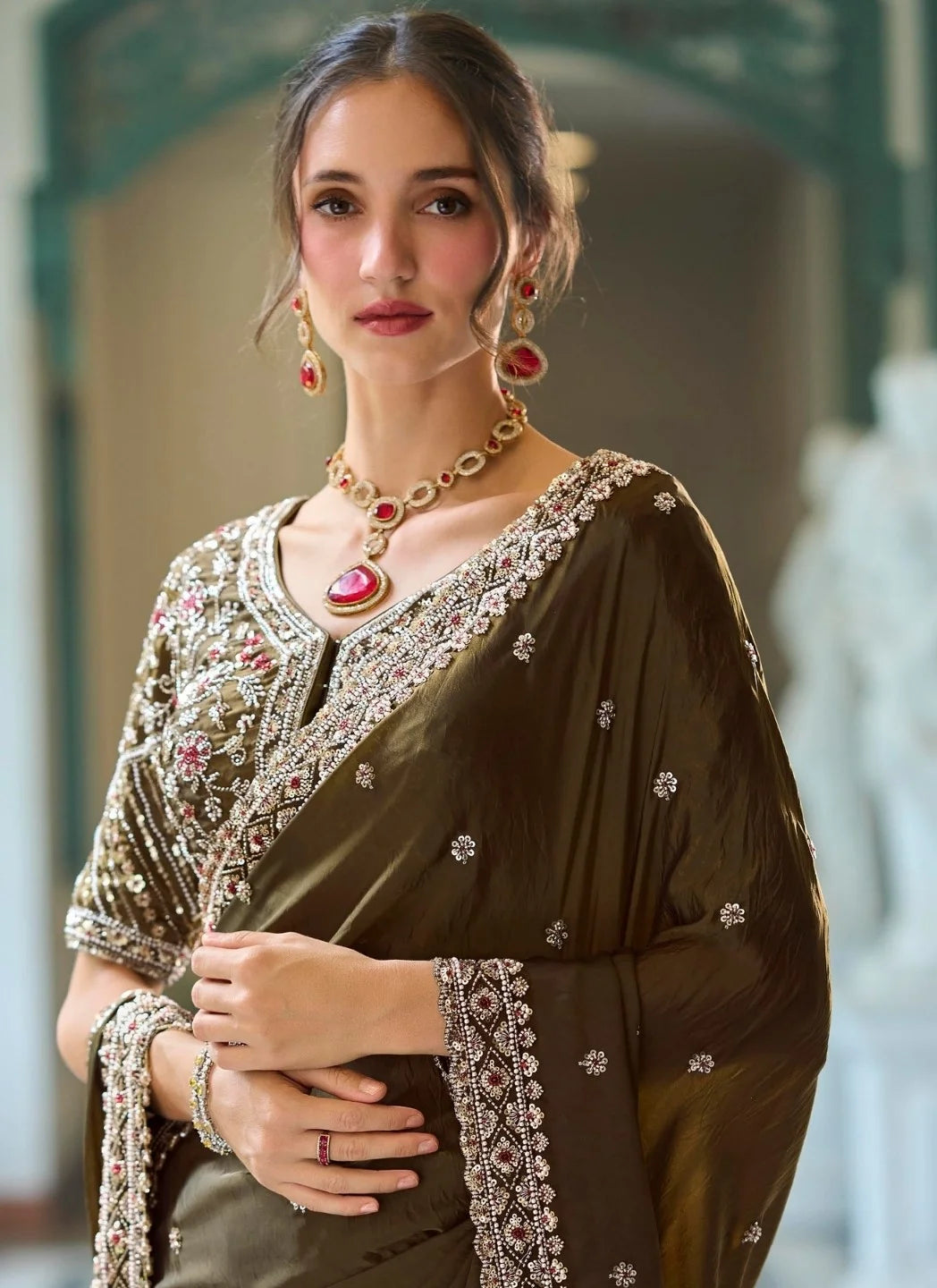 Georgette Silk Olive Green Party Wear Heavy Work Sarees