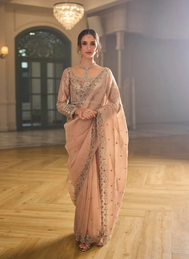 Organza Silk Blush Pink Party Wear Heavy Work Sarees