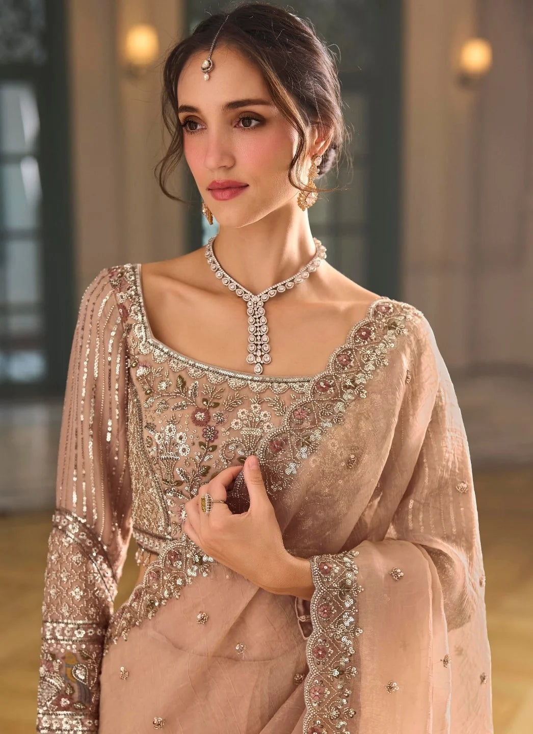 Organza Silk Blush Pink Party Wear Heavy Work Sarees